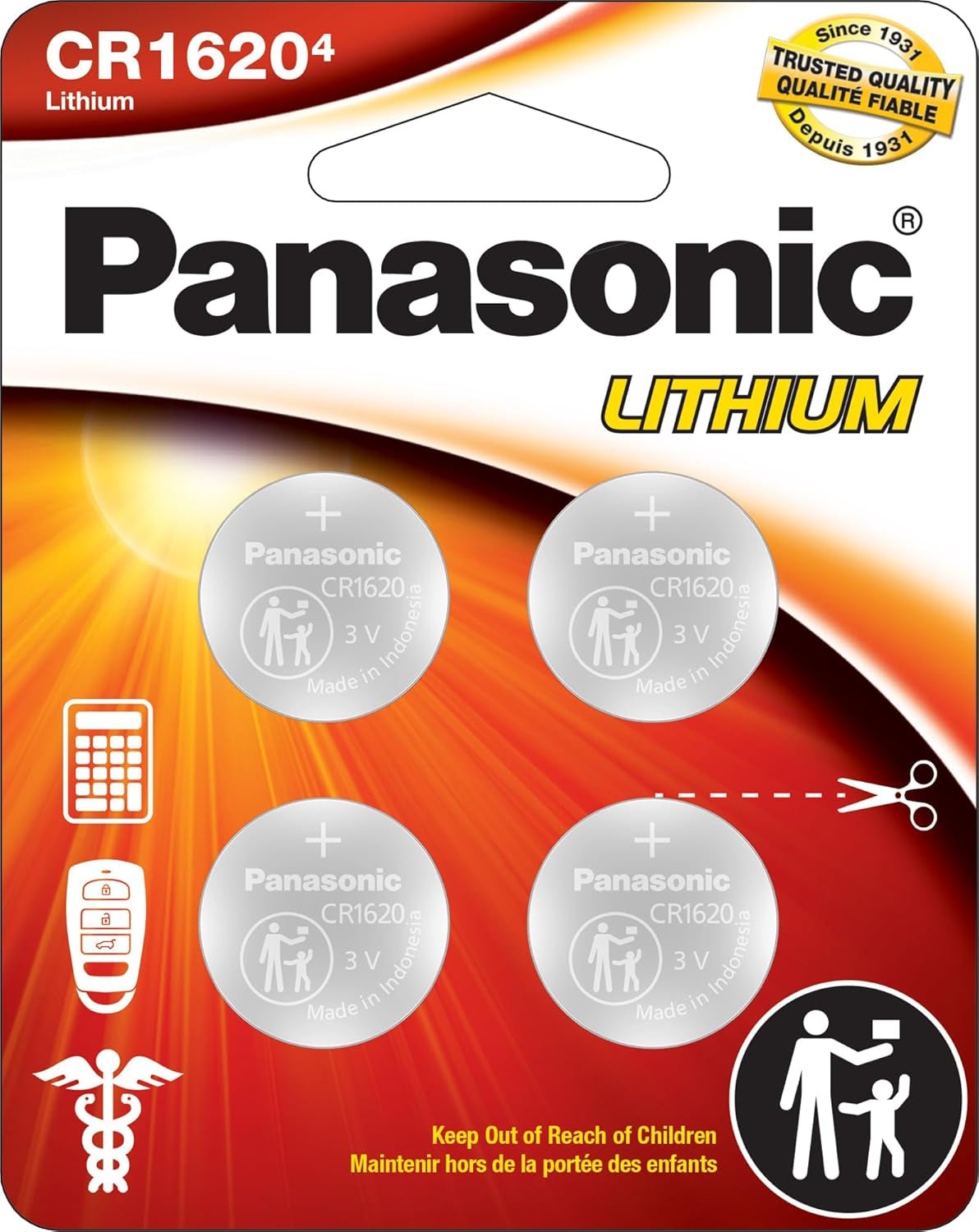 CR1620 3.0 Volt Long Lasting Lithium Coin Cell Batteries in Child Resistant, Standards Based Packaging, 4-Battery Pack