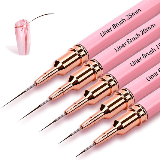 5Pcs Nail Art Liner Brushes,Liner Brush for Nails Gel,Thin Liner Nail Brush Set,Nail Art Striping Brushes,Painting Art Design Pen for Long Lines, Thin Details, Fine Drawing Sizes 5/9/13/20/25Mm