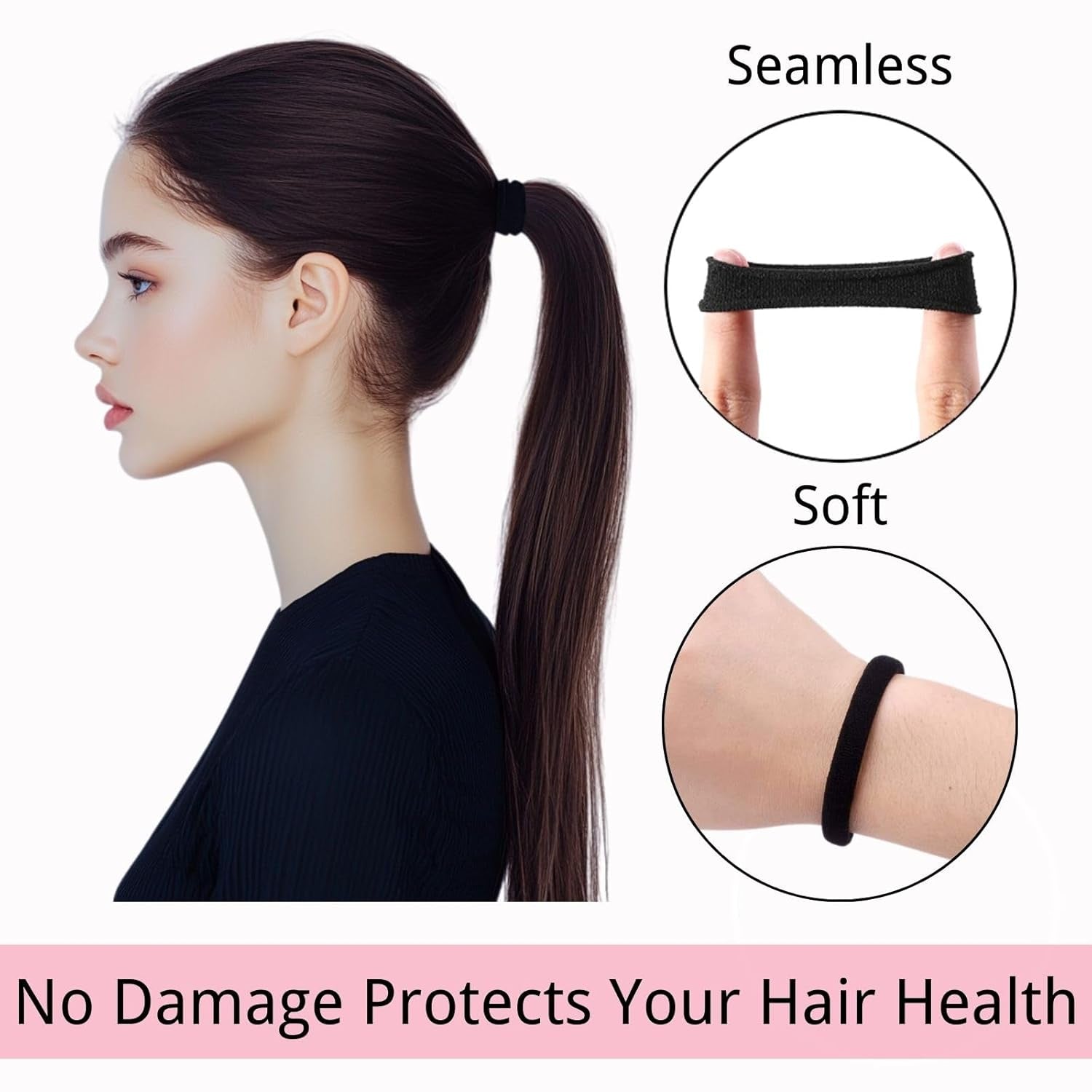 120 Pcs Black No Damage Hair Ties for Women Thick Hair, Large Soft Seamless Nylon Cloth Fabric Elastic Hair Ties Ponytail Holders Hair Elastics Hair Band,Perfect Valentine'S Day Gift for Women