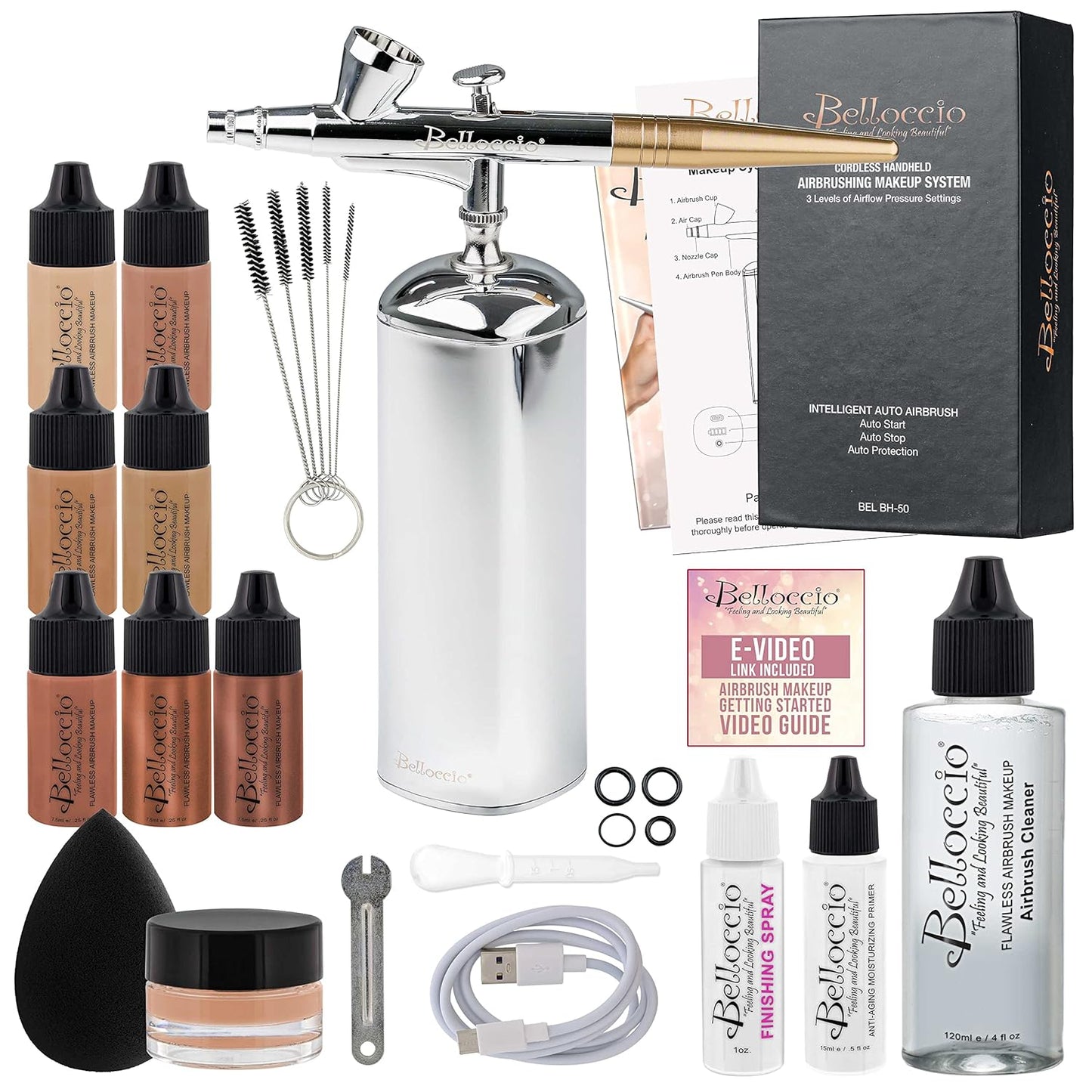 Professional Beauty Airbrush Cosmetic Makeup System with 4 Medium Shades of Foundation in 1/4 Ounce Bottles - Kit Includes Blush, Bronzer and Highlighters