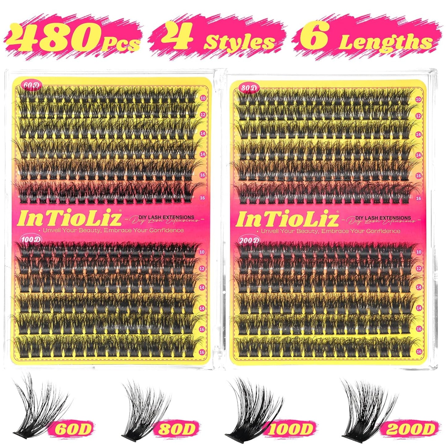 Lash Clusters Kit 60D+80D+100D+200D Individual Lashes 480PCS D Curl 10-16Mm Diy Eyelash Extension Kit with Cluster Lash Bond & Seal and Applicator for Eyelashes Extension Beginners