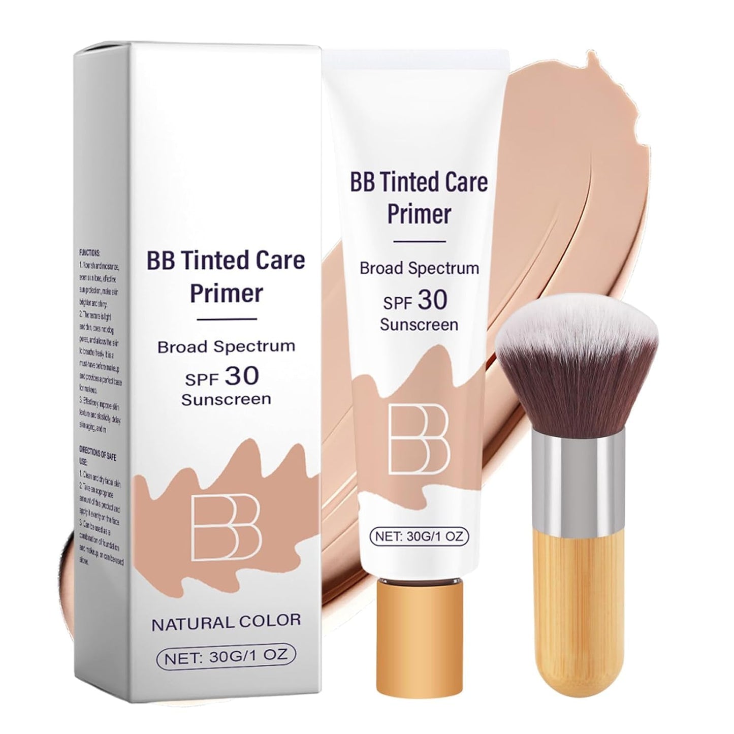 BB Tinted Moisturizer SPF 30, BB Tinted Care Primer, BB Tinted Care Primer with Brush, Full Coverage Light-Medium Skin Color Hydrating & Smoothing(Natural*2 with Brush)