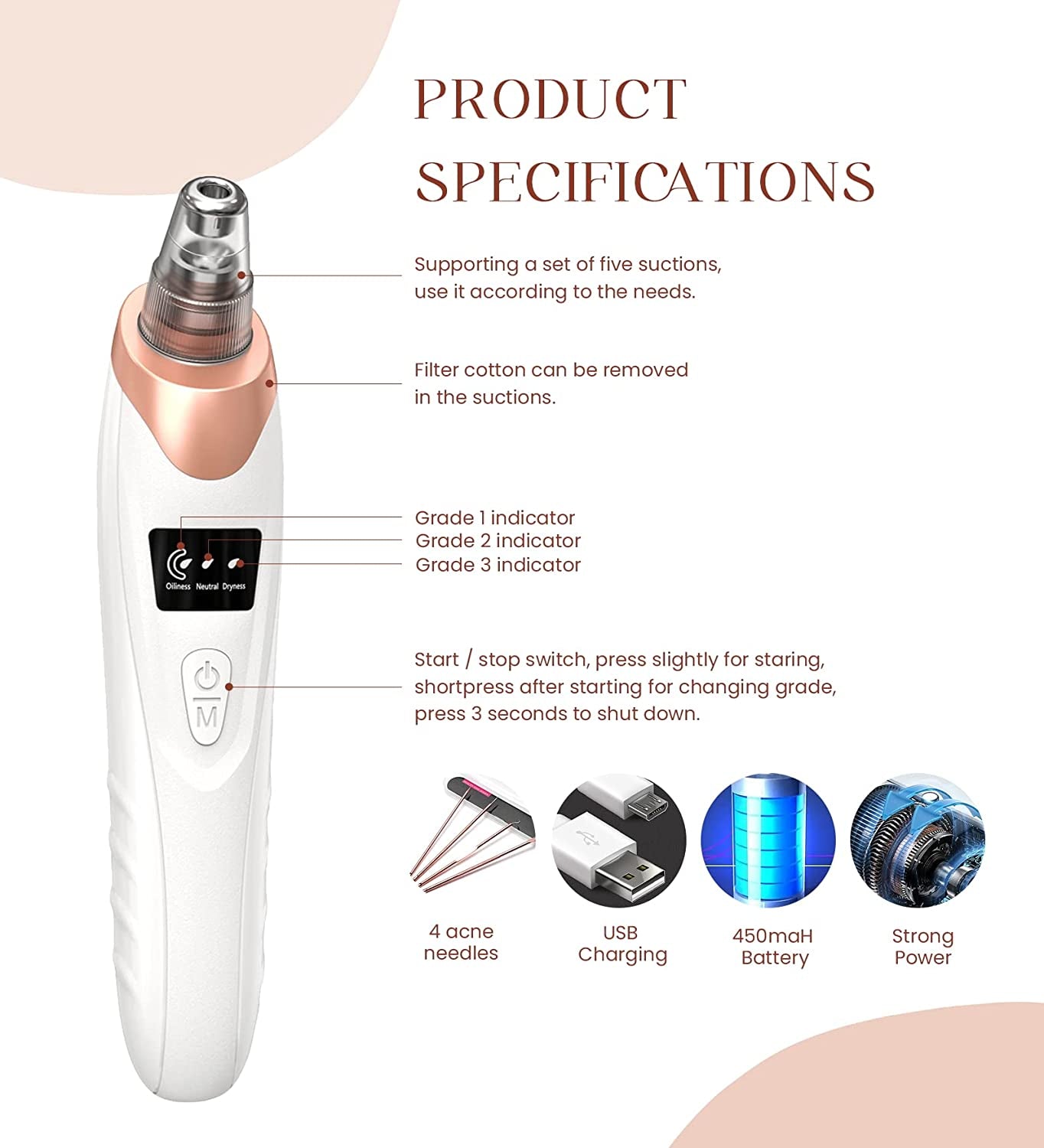 2024 Blackhead Remover Pore Vacuum,Facial Pore Cleaner-5 Suction Power,5 Probes,Usb Rechargeable Blackhead Vacuum Kit Electric Acne Extractor Tool for Adult (White)