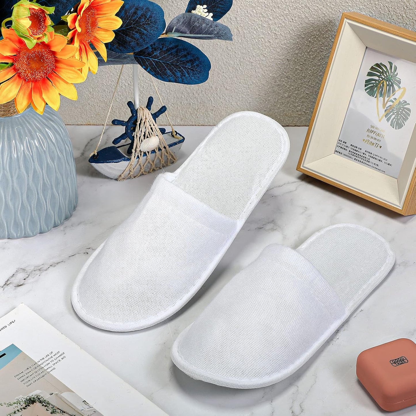 30 Pairs Disposable Slippers, White, Medium, Unisex-Adults, Closed Toe, Non-Slip, Spa, Hotel, Travel, Home, Sanitary, Breathable, Fleece Cloth, EVA