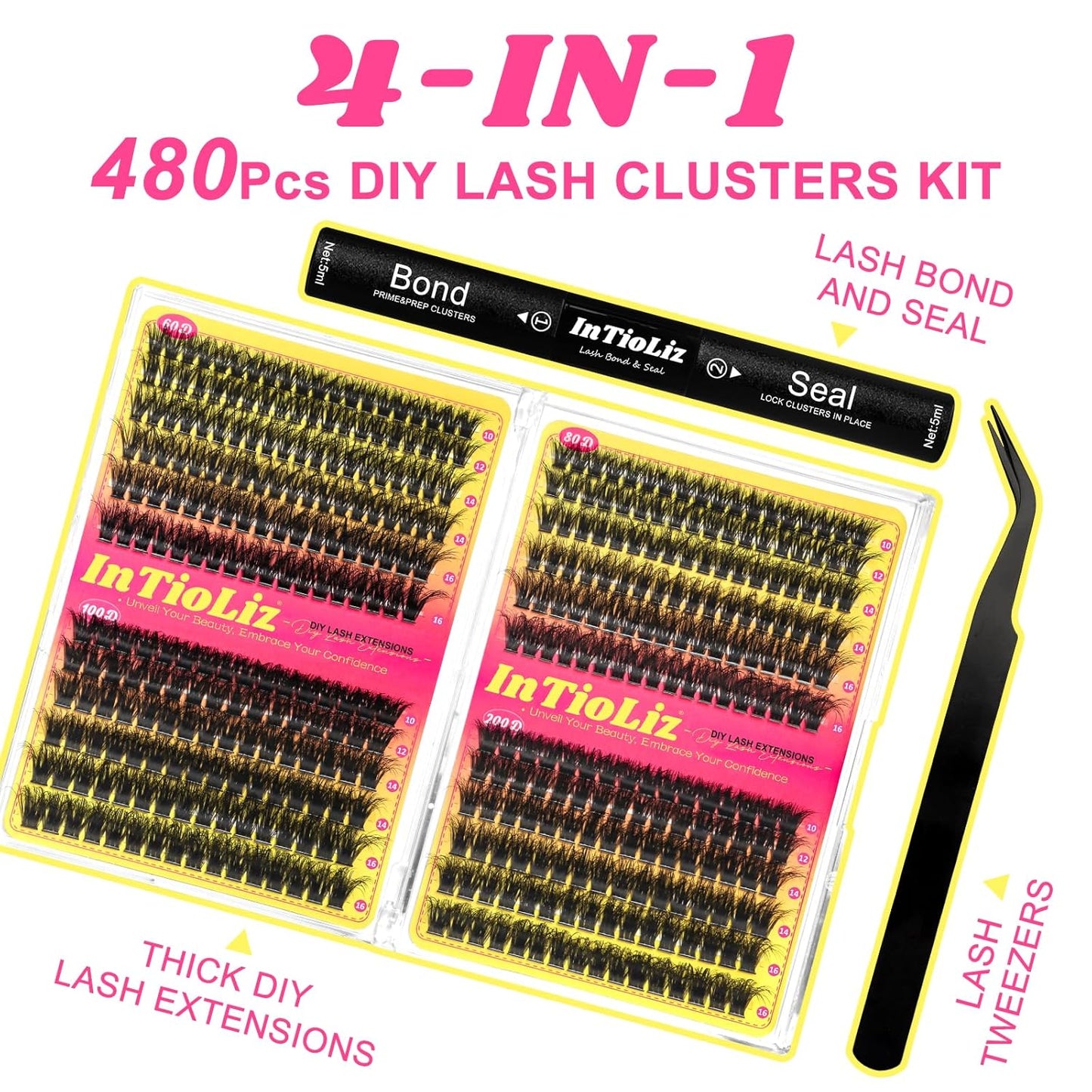 Lash Clusters Kit 60D+80D+100D+200D Individual Lashes 480PCS D Curl 10-16Mm Diy Eyelash Extension Kit with Cluster Lash Bond & Seal and Applicator for Eyelashes Extension Beginners