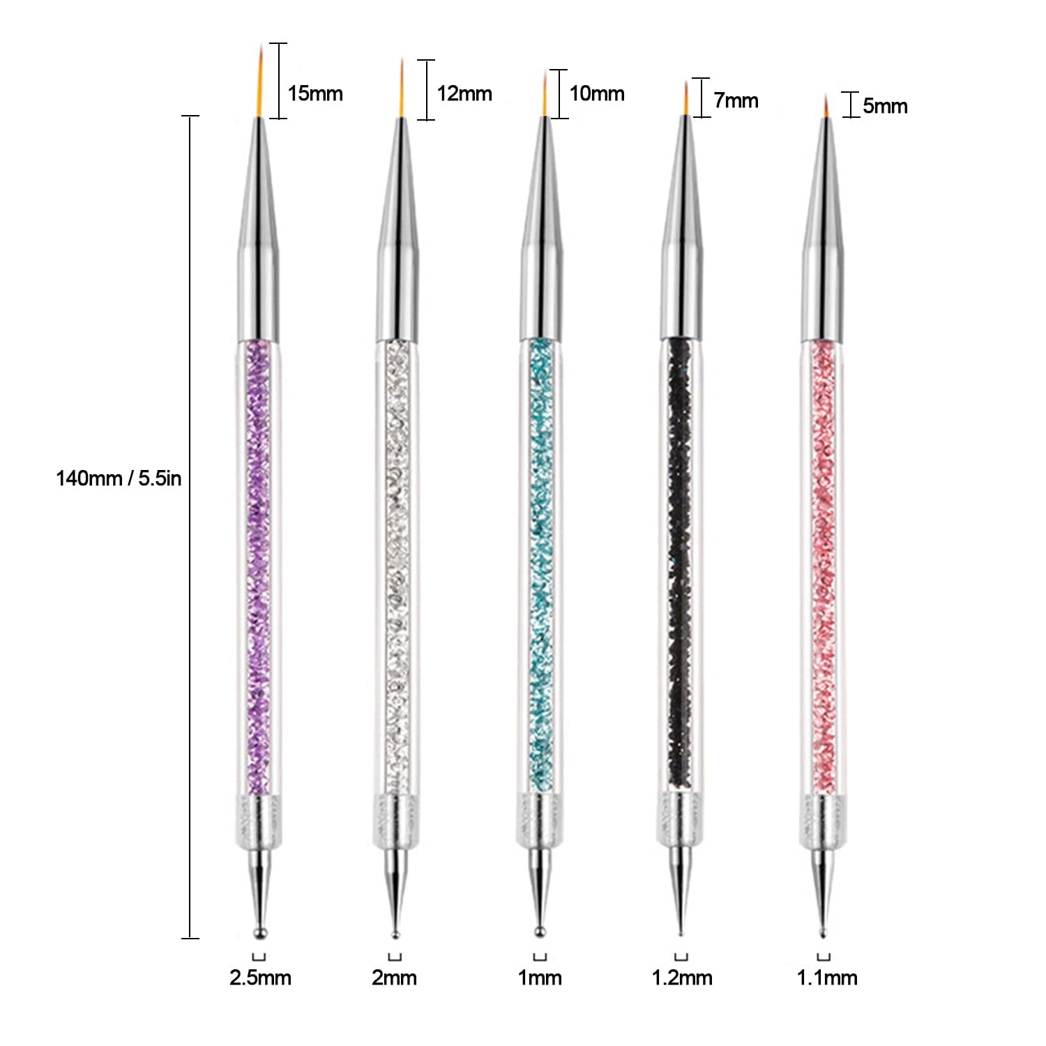 Nail Art Brushes, 5Pcs Nail Liner Brushes Double-Ended Acrylic Nail Brush Set 5/7/10/12/15Mm Nail Striping Brushes for French Nails Nail Dotting Pens