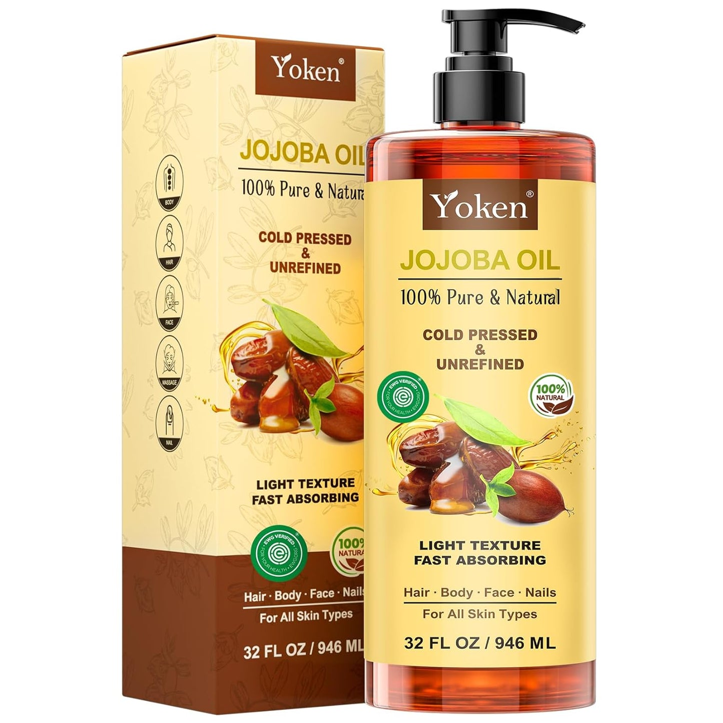 Pure Jojoba Oil EWG Verified 16 Fl Oz, 100% Natural Jojoba Oil for Hair, Skin & Face, Cold Pressed Unrefined, Deeply Moisturizing Body Oil Jojoba Carrier Oil for Essential Oils Mixing