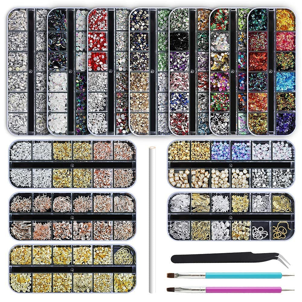 9 Boxes Nail Rhinestones,Nail Gems Nail Diamonds,Nail Art Studs Nail Crystals Nail Sequins for Nails Kit with 1 Tweezers and 3 Pen for Nail Art Supplies Accessories