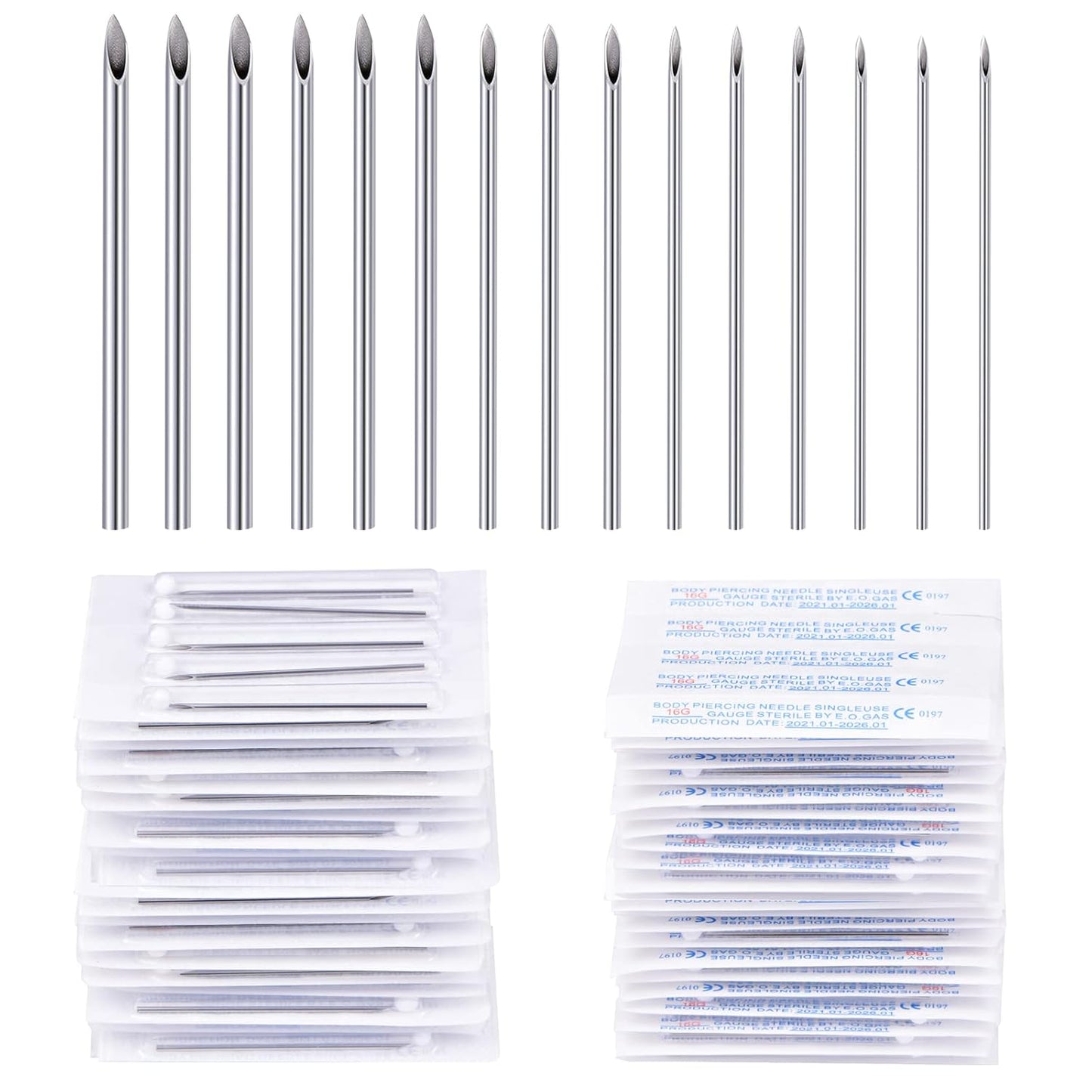 25PCS Mixed Body Piercing Needles, 12G 14G 16G 18G 20G Disposable Sterile Stainless Steel Piercing Needles for Ear Nose Navel Belly Nipple Tongue Lip Piercing