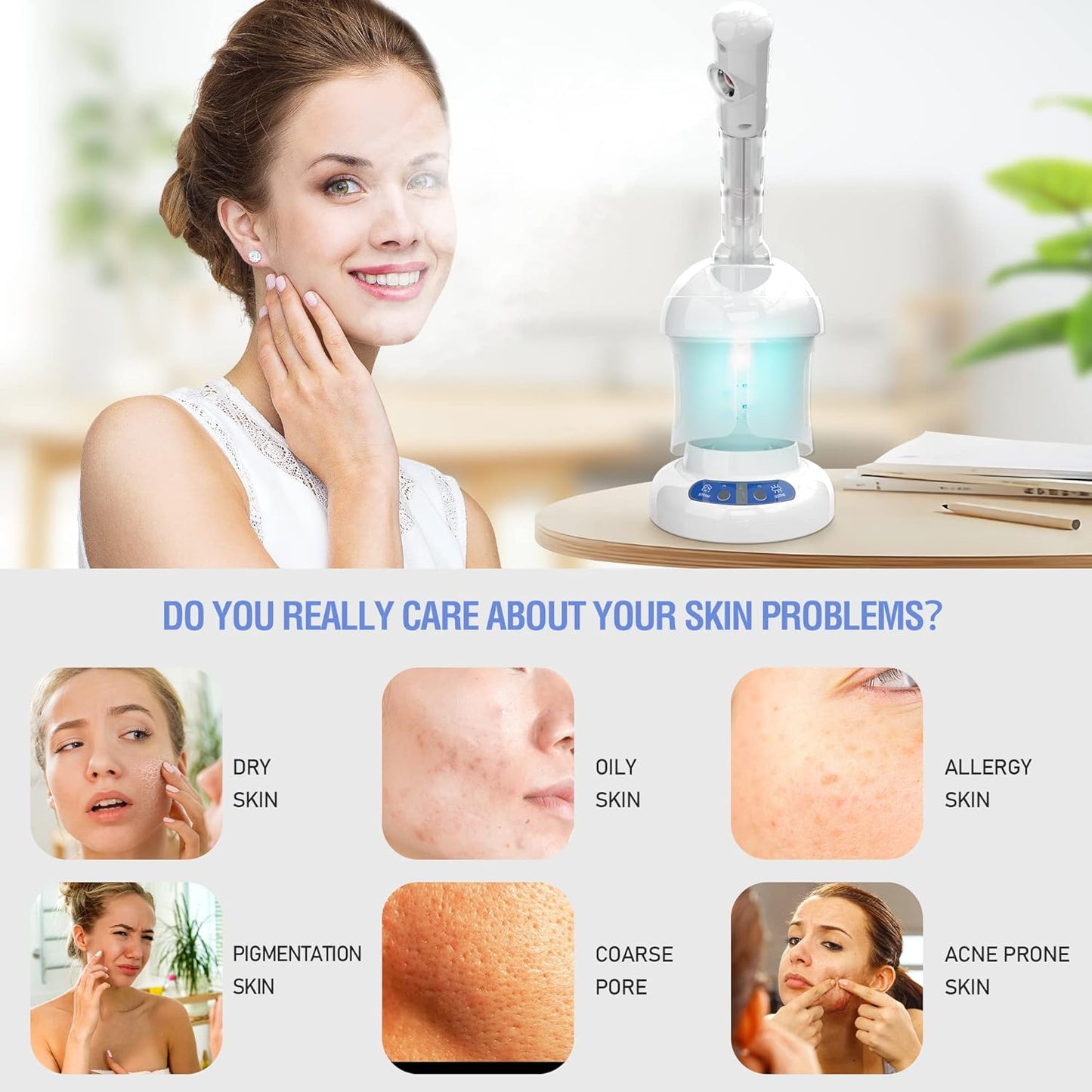 Facial Steamer - Ozone Steamer with Extendable Arm - Professional Nano Ionic Facial Steamer for Deep Cleaning - Portable for Personal Care Use at Home or Salon