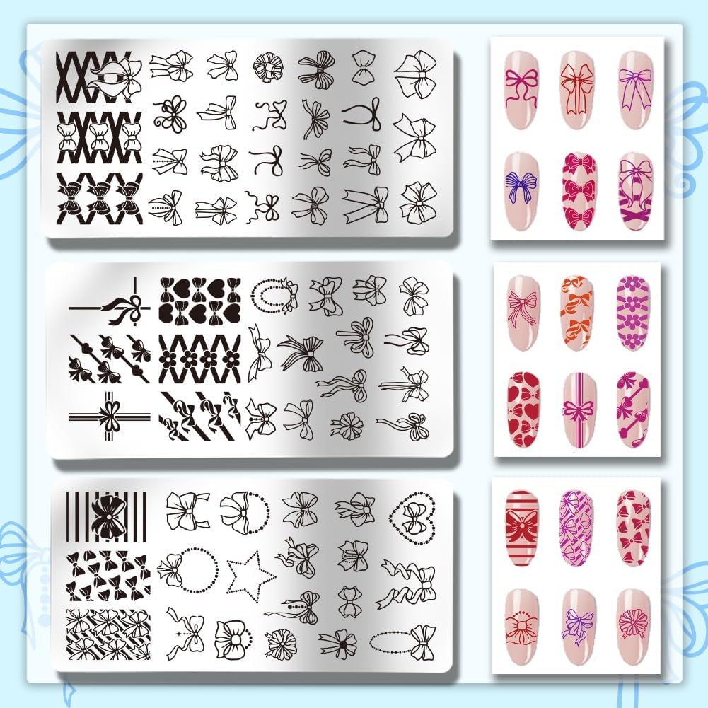 66 Patterns Valentine'S Day Bow Nail Stamper, 3Pcs Nail Stamping Plate Cute Bowknot Nail Art Stencils Print Nail Stencils Stainless Steel Nail Plates for Nail Design Print Manicure Salon