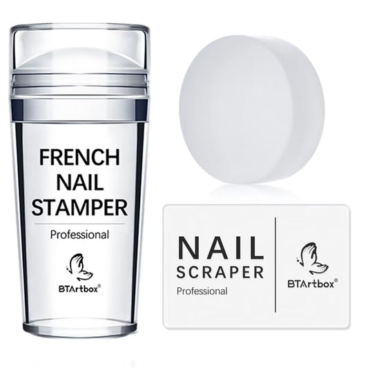 French Nail Stamper - French Tip Nail Tools with Nail Scraper and Replaceable Stamper Head, 100-Time Using Silicone Nail Stamper Kit for Gel Nail Polish DIY Nail Art Tools