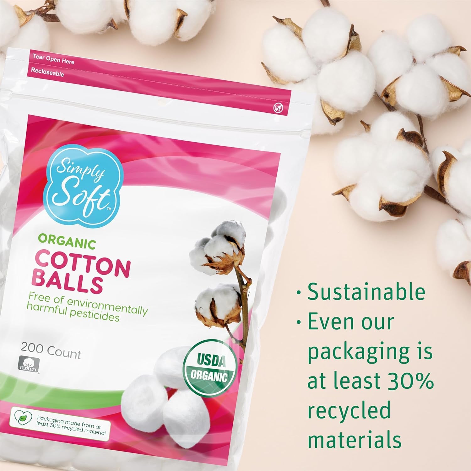 Simply Soft Premium Organic Cotton Balls, 600 Count (3 Bags) 100% Pure Cotton, Certified Organic, Hypoallergenic, Large, Soft & Absorbent for Beauty, Cosmetics, Skin Care, Lint Free