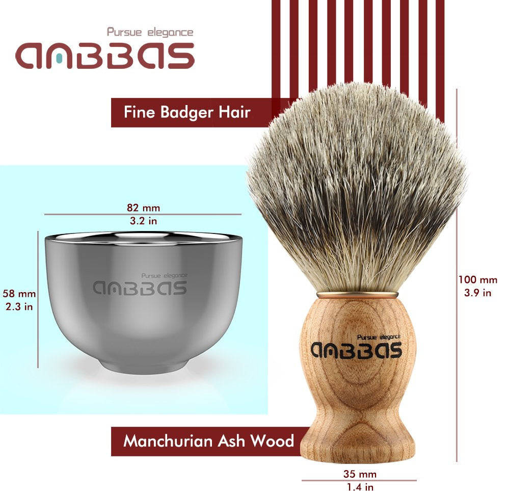 Pure Badger Hair Shaving Brush Solid Wood Handle with Goat Milk Shaving Soap 100G,Stainless Steel Shaving Stand and 2 Layers Shaving Bowl Kit Perfect for Men Gift