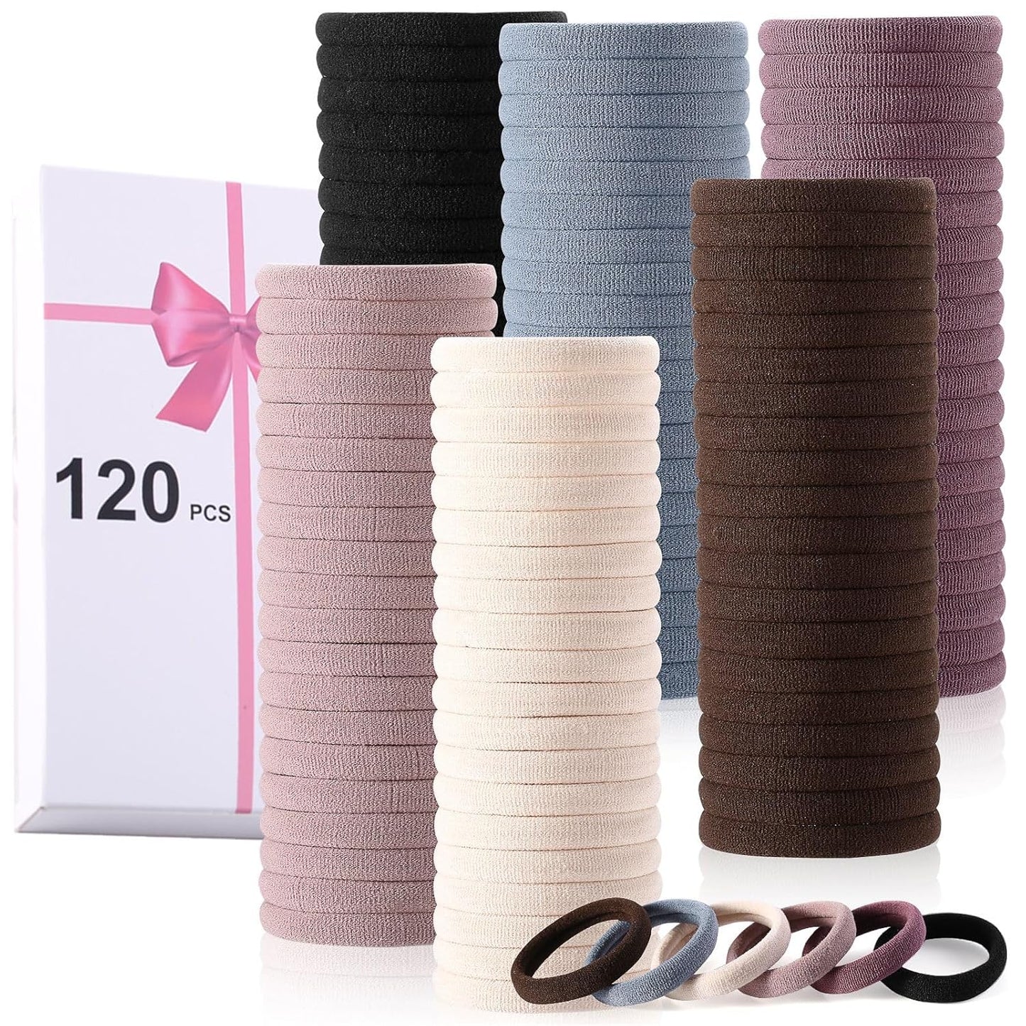 120 Pcs Black No Damage Hair Ties for Women Thick Hair, Large Soft Seamless Nylon Cloth Fabric Elastic Hair Ties Ponytail Holders Hair Elastics Hair Band,Perfect Valentine'S Day Gift for Women