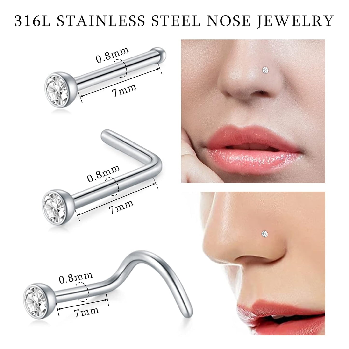 22PCS Nose Piercing Kit, Piercing Needles with 18G 20G CZ Nose Screw Studs Double Nose Rings Hoop Captive Nose Rings Stainless Steel Jewelry for Nose Septum Piercing Needles Kit