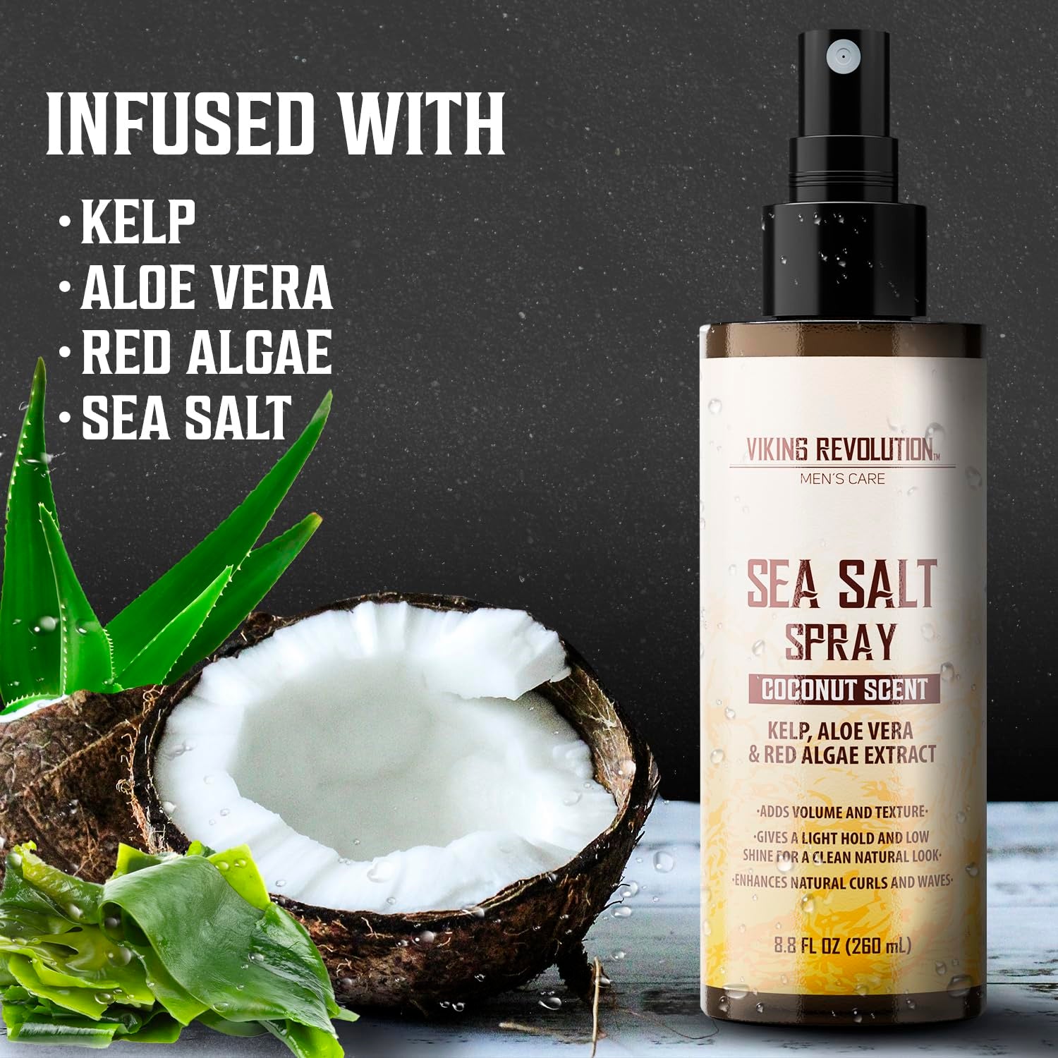 Coconut Sea Salt Spray for Hair Men - Hair Texturizing Spray with Kelp, Aloe Vera & Red Algae Extract - Surf Spray to Add Volume and Texture - Sea Salt Spray for Men Beach Hair Spray