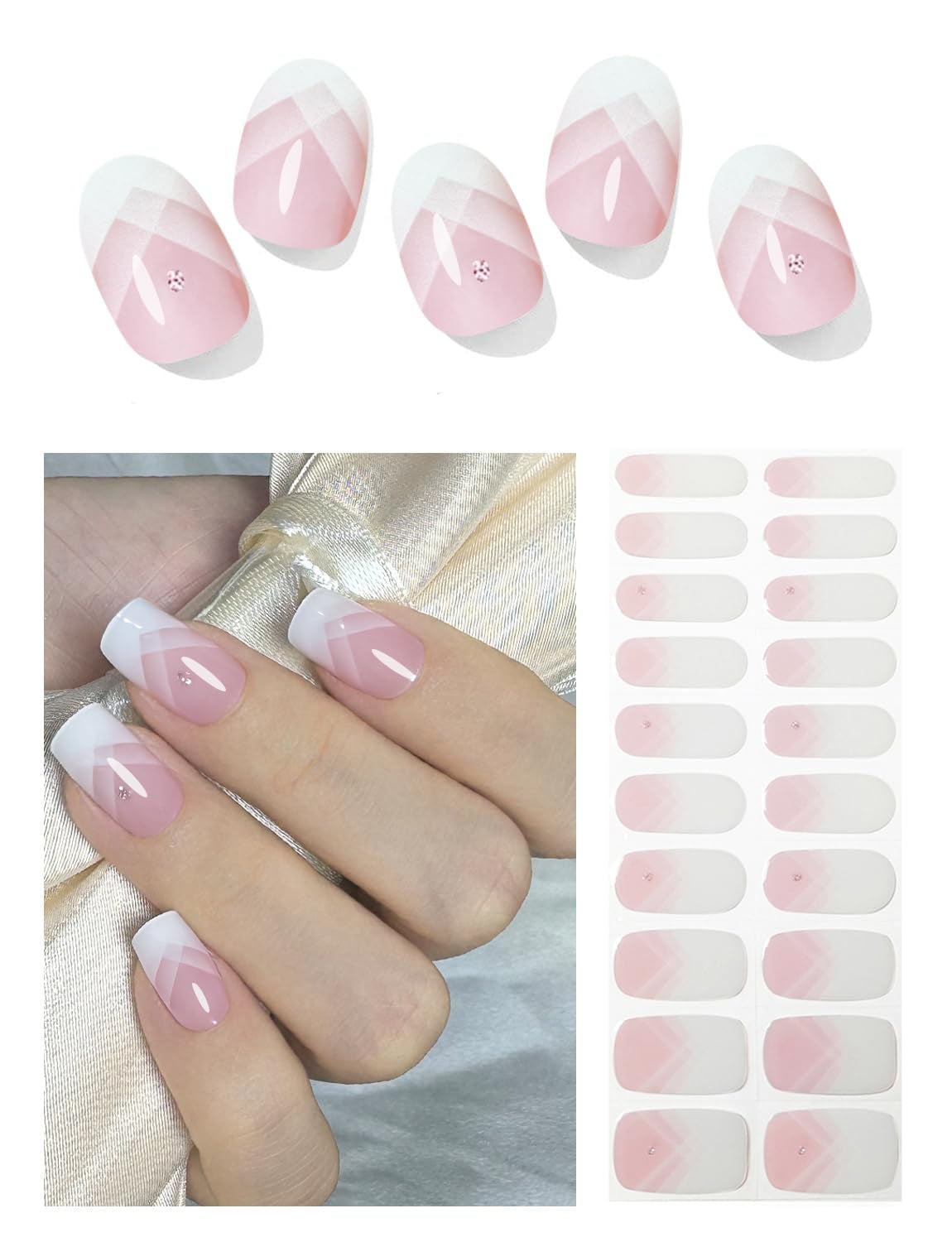 Semi Cured Gel Nail Strips, 20Pcs French Gradient Gel Nail Stickers Work with UV, Easy to Use and Remove