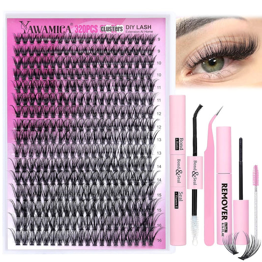 Eyelash Extension Kit 320Pcs Lash Clusters D Curl 9-16Mm Mix 40D Individual Lashes with Lash Bond and Seal and Remover Lash Applicator for Lash Extension Beginners