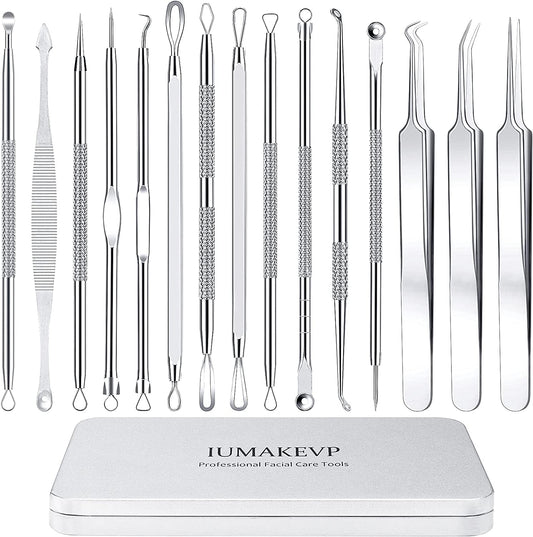 Pimple Popper Tool Kit,  15 PCS Professional Stainless Steel Blackhead Remover Comedone Extractor Tools for Removing Zit on Face - Acne Removal Kit with Metal Case (Silver)