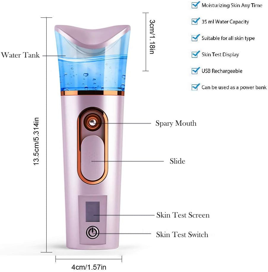 Nano Facial Mister with Skin Analyzer Moisture Tester,  Portable Mini Cool Face Mist Steamer with USB, Handy Facial Sprayer for Eyelash Extensions, Face Moisturizing,Hydration Refreshing