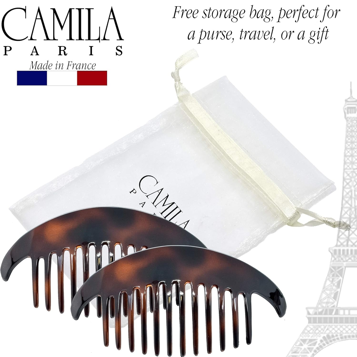 Paris CP2430/2 French Hair Side Combs Tortoise Shell Interlocking Combs French Twist Hair Combs, Strong Hold Hair Clips for Women Bun Chignon Up-Do Styling Girls Hair Accessories Made in France