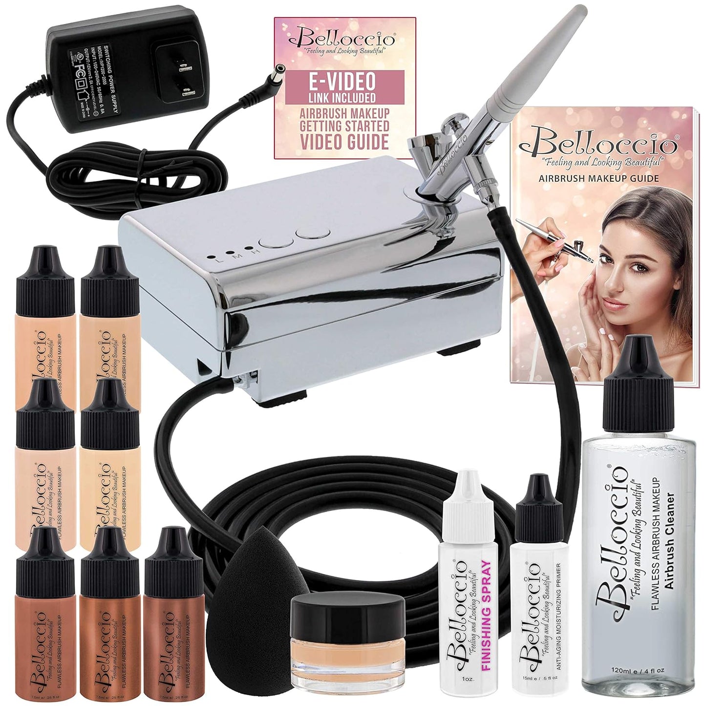 Professional Beauty Airbrush Cosmetic Makeup System with 4 Medium Shades of Foundation in 1/4 Ounce Bottles - Kit Includes Blush, Bronzer and Highlighters