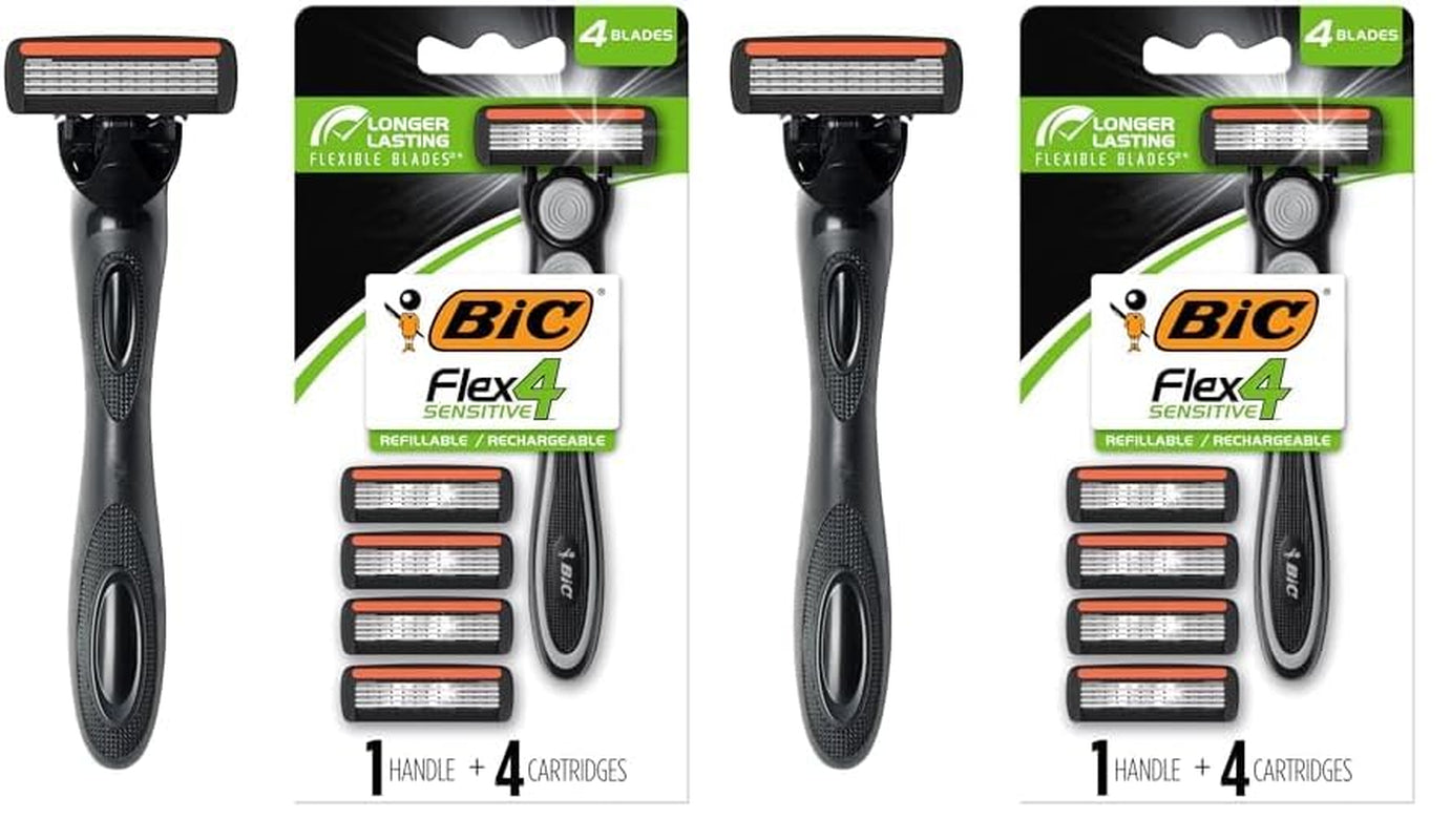 Flex 4 Refillable Razors for Men, Long-Lasting 4 Blade Razors for Sensitive Skin, 1 Handle and 4 Cartridges, 5 Piece Shaving Gift Set