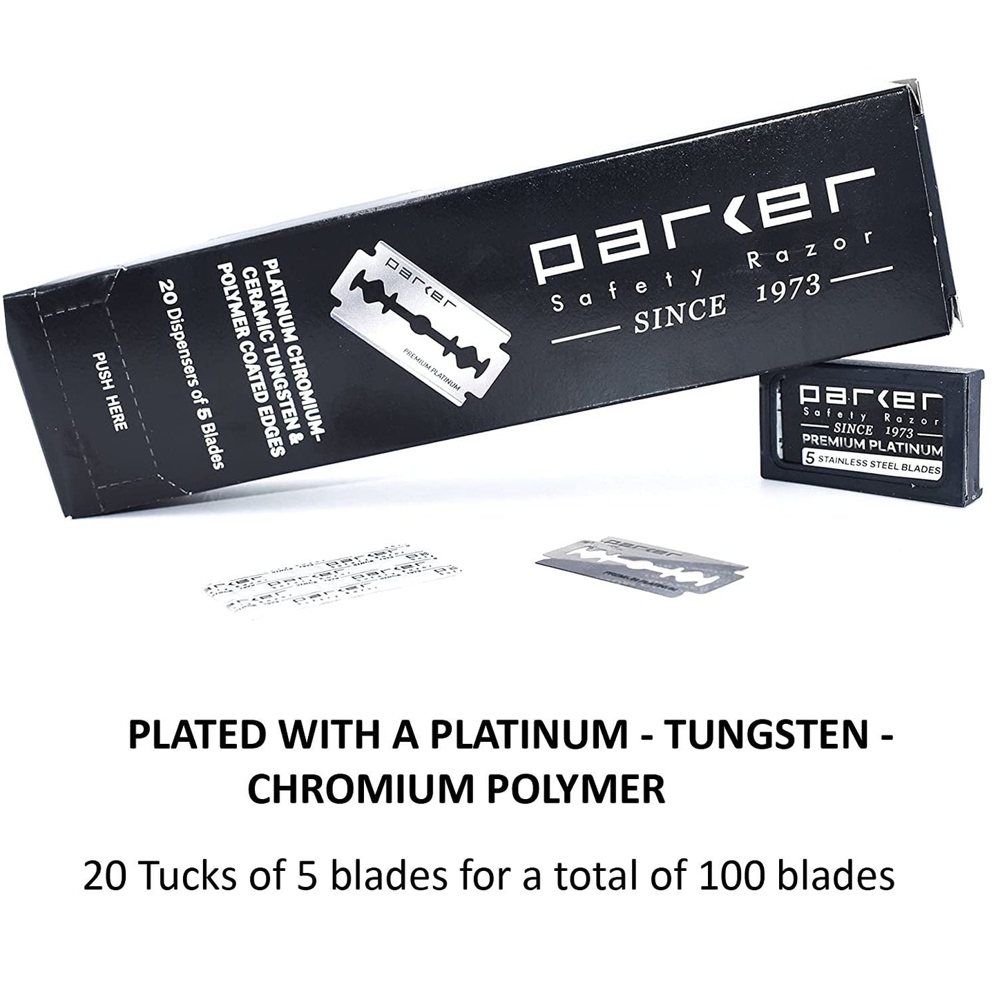 Parker 100 Count, Parker Double Edge Safety Razor Blades, Premium Platinum Stainless Steel Razor Blades with PTFE, Tungsten and Chromium Coated Edges for Smooth, and Comfortable Shaves