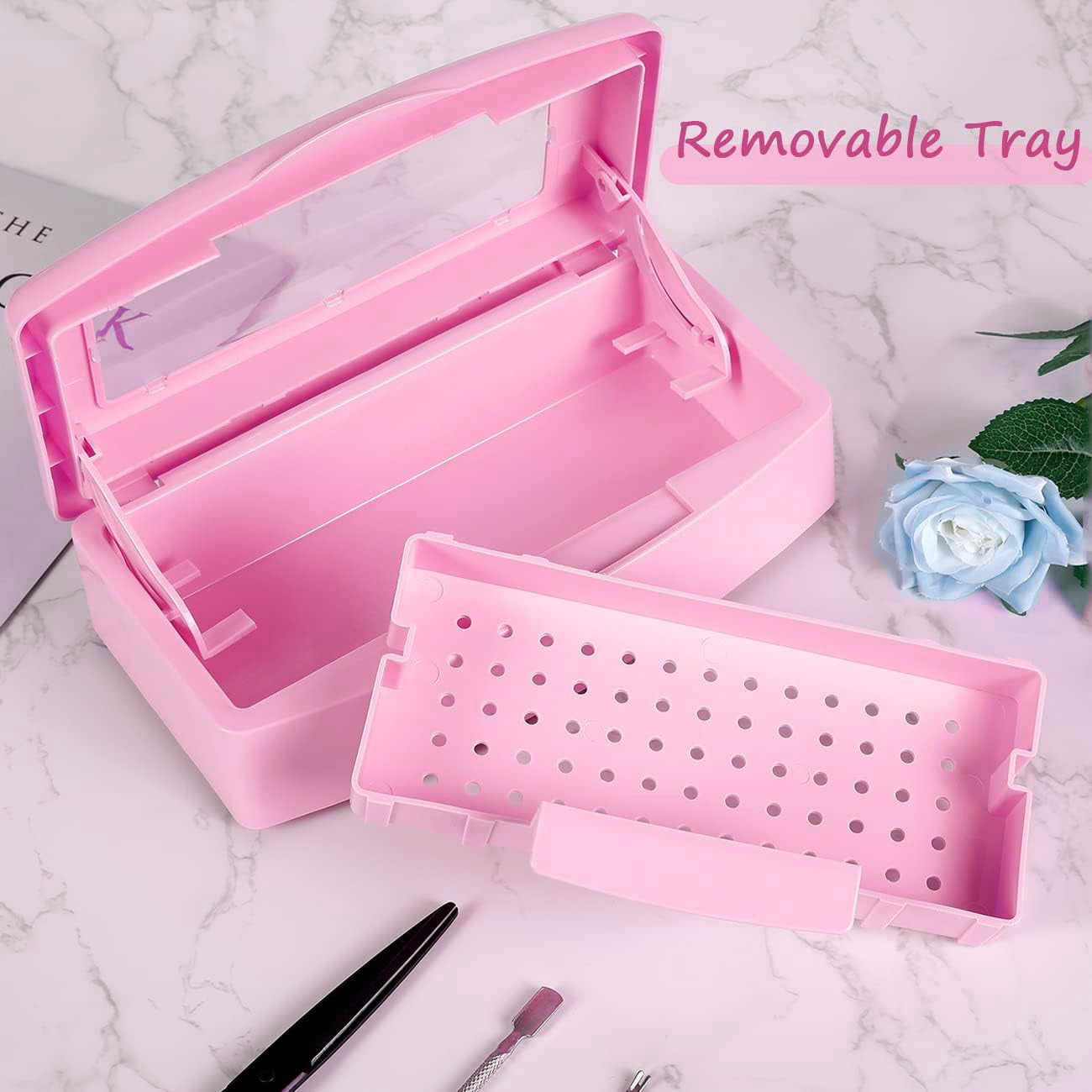 Nail Tool Sterilizer Box Barbicide Disinfectant Jar Plastic Disinfectant Container Suitable for Nail Tools Hair Salons Beauty Centers and Manicure and Nail Equipment(Pink)