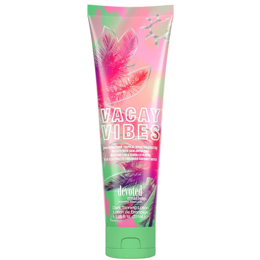 Vacay Vibes Tanning Lotion – Indoor/Outdoor Tropical Bronzing Cocktail Infused with Skin Quenching Watermelon and Guava Extracts, plus Electrolyte Enhanced Coconut Water – 8.5 Oz.