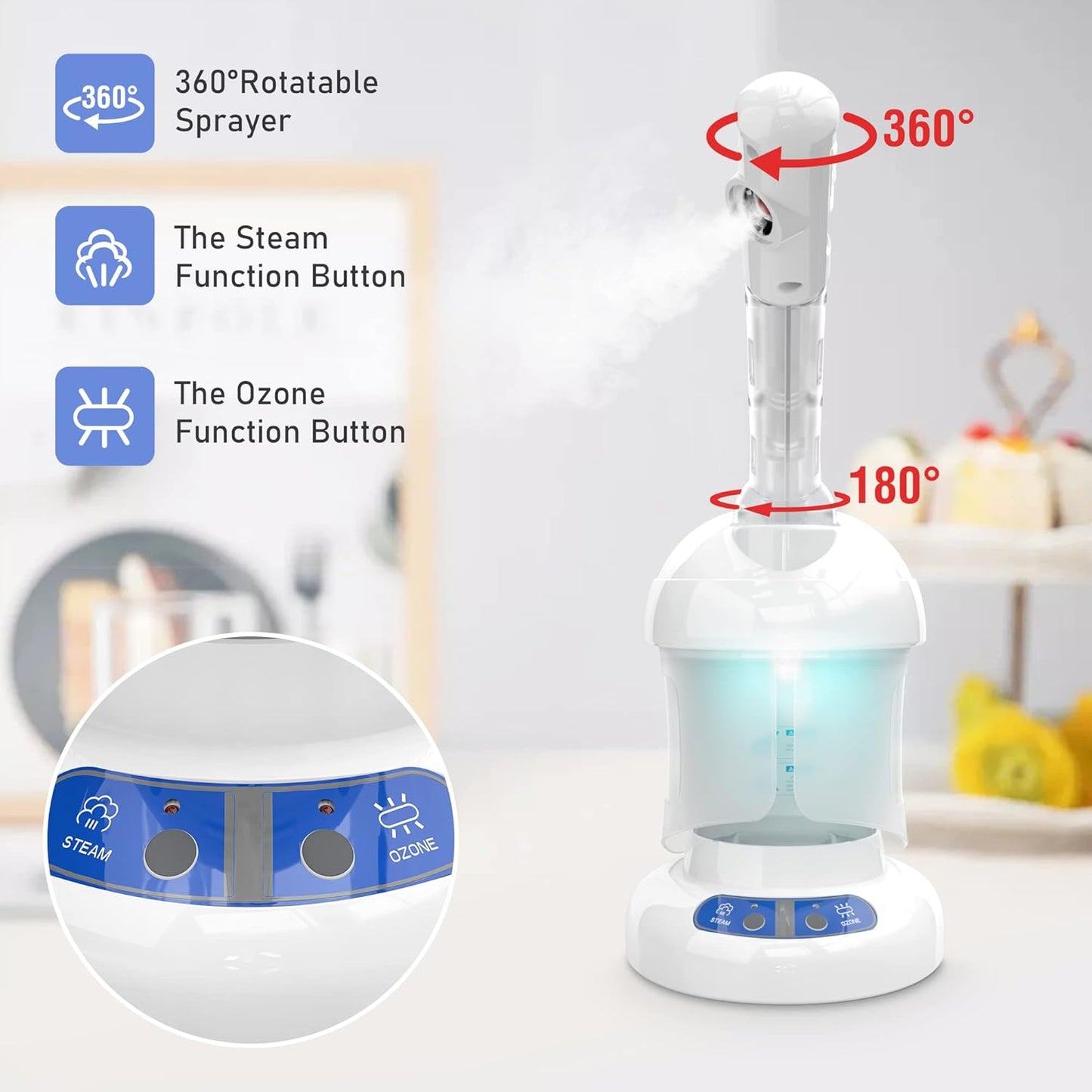 Facial Steamer - Ozone Steamer with Extendable Arm - Professional Nano Ionic Facial Steamer for Deep Cleaning - Portable for Personal Care Use at Home or Salon