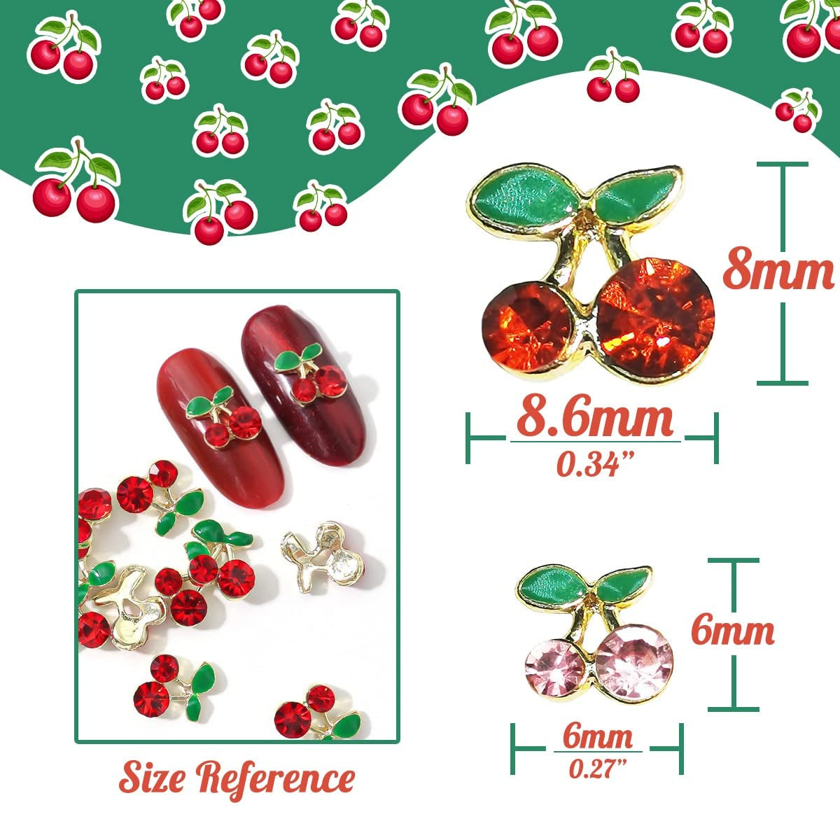 60 Pcs 3D Cherry Nail Charms Cherry Nail Rhinestones Nail Art Shiny Gems Nail Studs Cute Fruit Nail Diamond Crystal Luxury Jewelry for Nails Face Makeup Women Crafts Diy(Pink/Red Gold, 6Mm/8Mm)