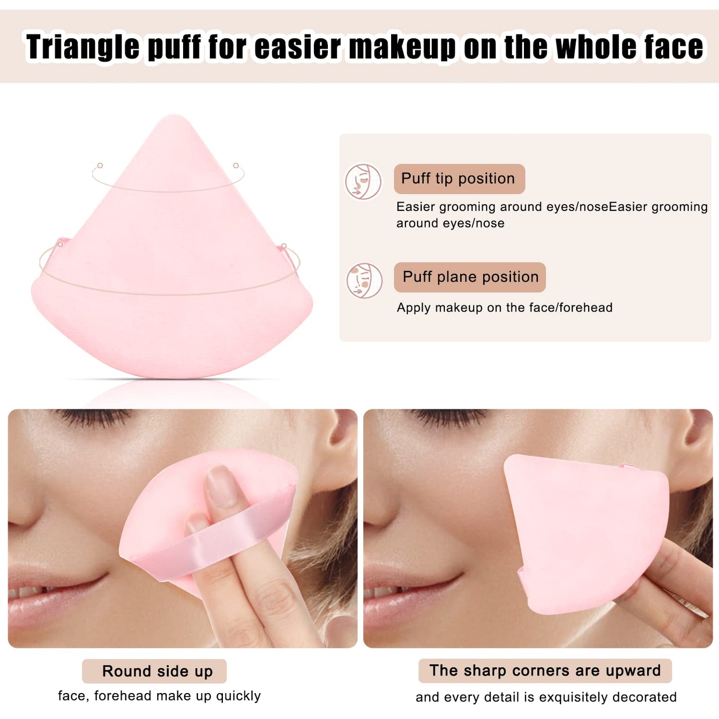 8 Pcs Cotton Powder Puff Face, Triangle Super Soft for Both Dry and Wet Makeup Setting/Concealer/Loose and Body Powder/Foundation/Blush Makeup Sponge Set (Pink)