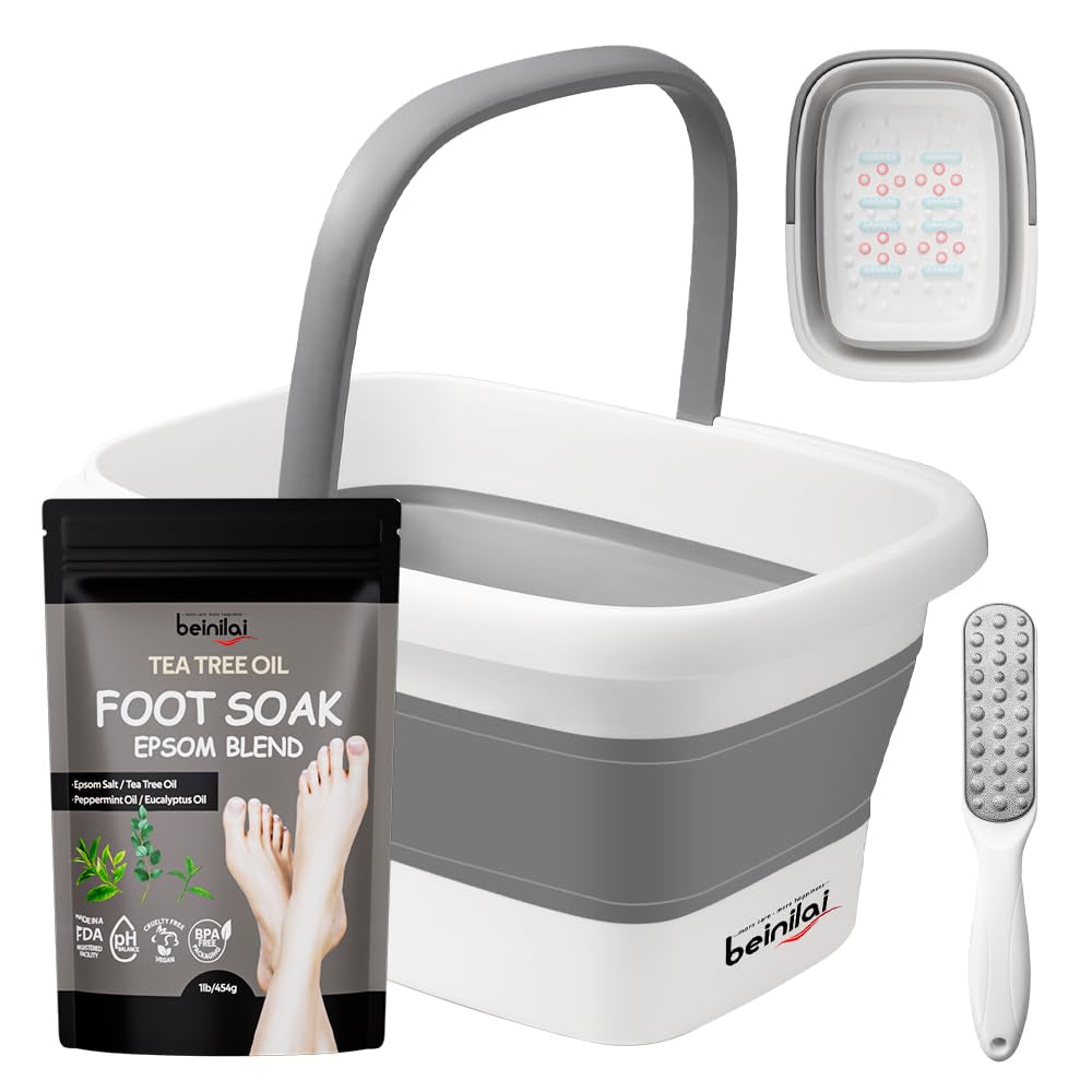 Collapsible Foot Bath Basin for Soaking Feet,Foot Soak Tub,Plastic Foot Bucket with Handles and Massage Acupoint,Foldable Laundry Basket-Gery