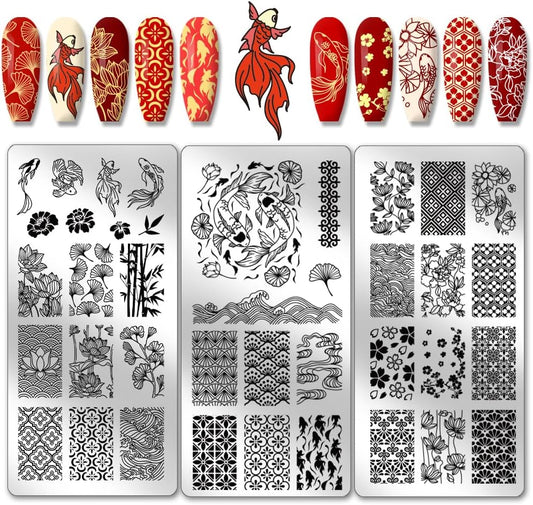 3Pcs Koi Nail Stamping Plates, East Lotus Nail Stamper Plum Bossom Nail Art Stencils Print Nail Stencils Stainless Steel Nail Image Plate for Nail Art Design Manicure Salon