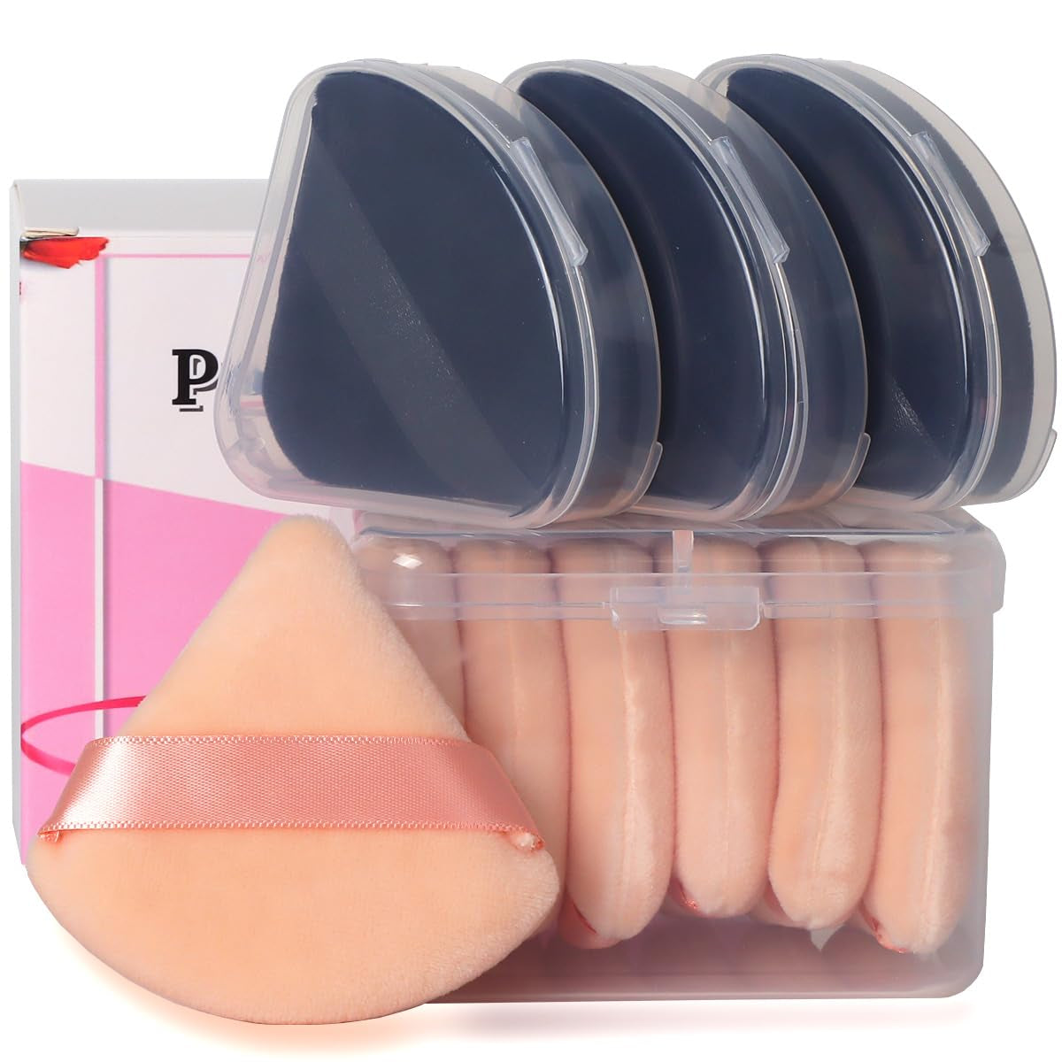 10Pcs Triangle Powder Puffs for Face Powder,Soft Velour Makeup Setting Powder Puff with Case,Black&Pink