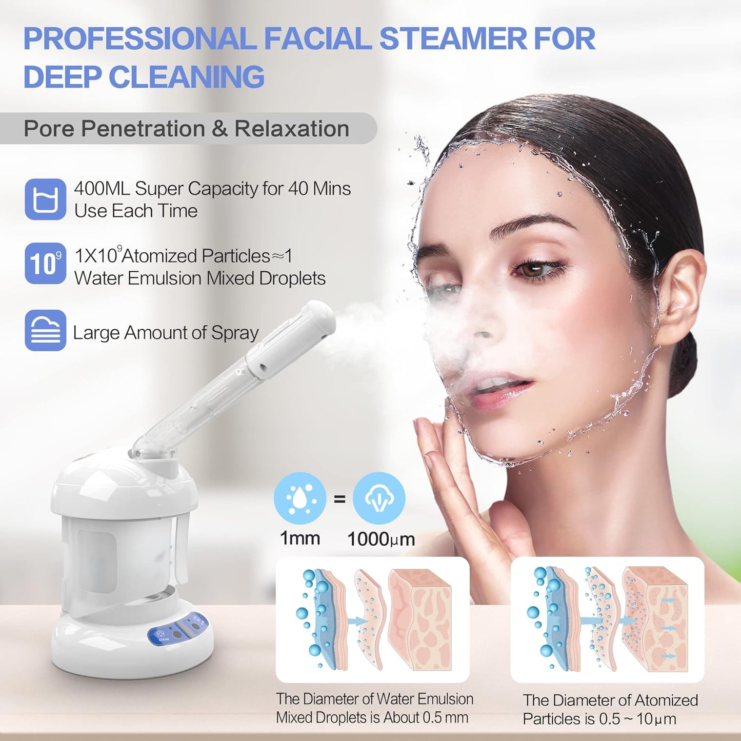 Facial Steamer - Ozone Steamer with Extendable Arm - Professional Nano Ionic Facial Steamer for Deep Cleaning - Portable for Personal Care Use at Home or Salon