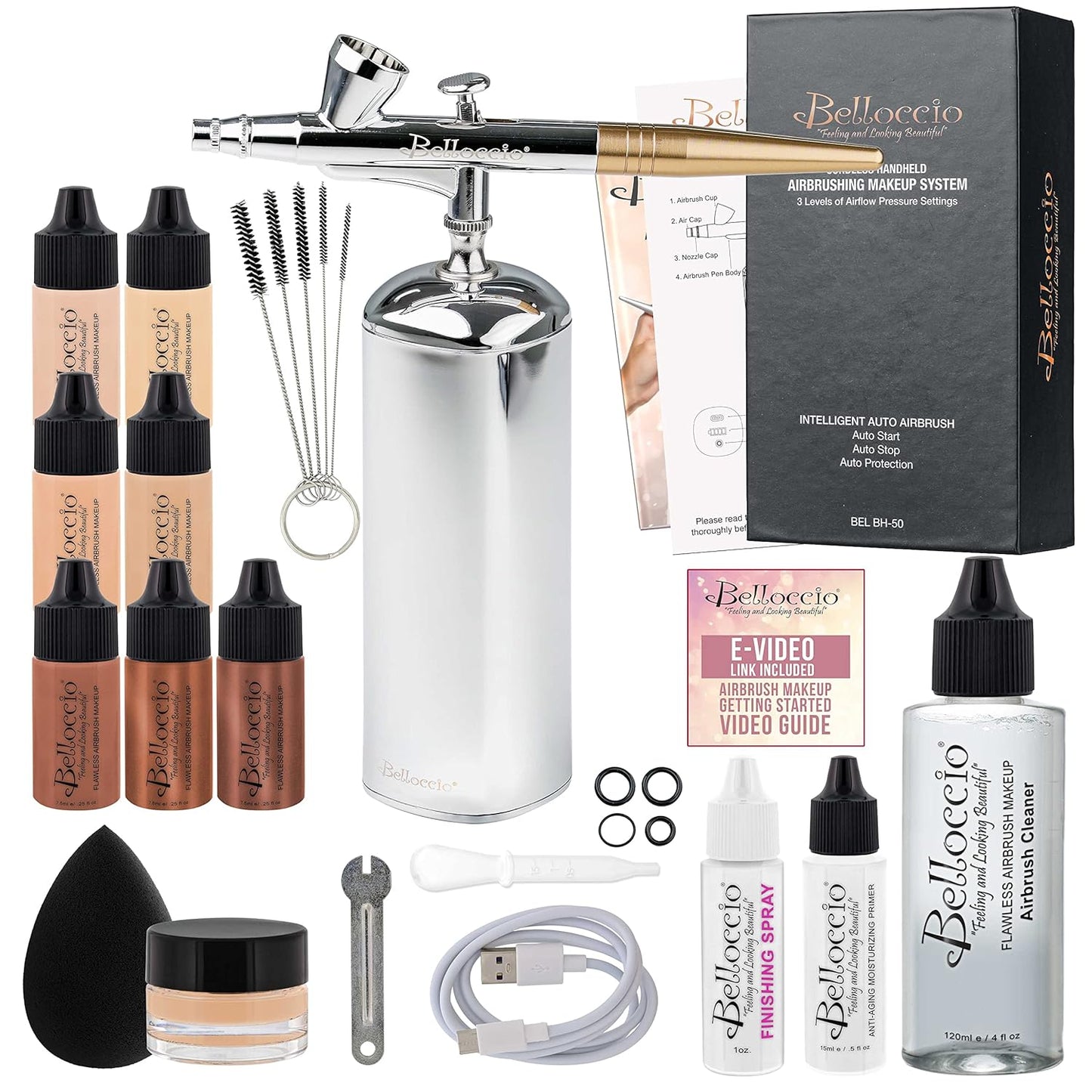 Professional Beauty Airbrush Cosmetic Makeup System with 4 Medium Shades of Foundation in 1/4 Ounce Bottles - Kit Includes Blush, Bronzer and Highlighters