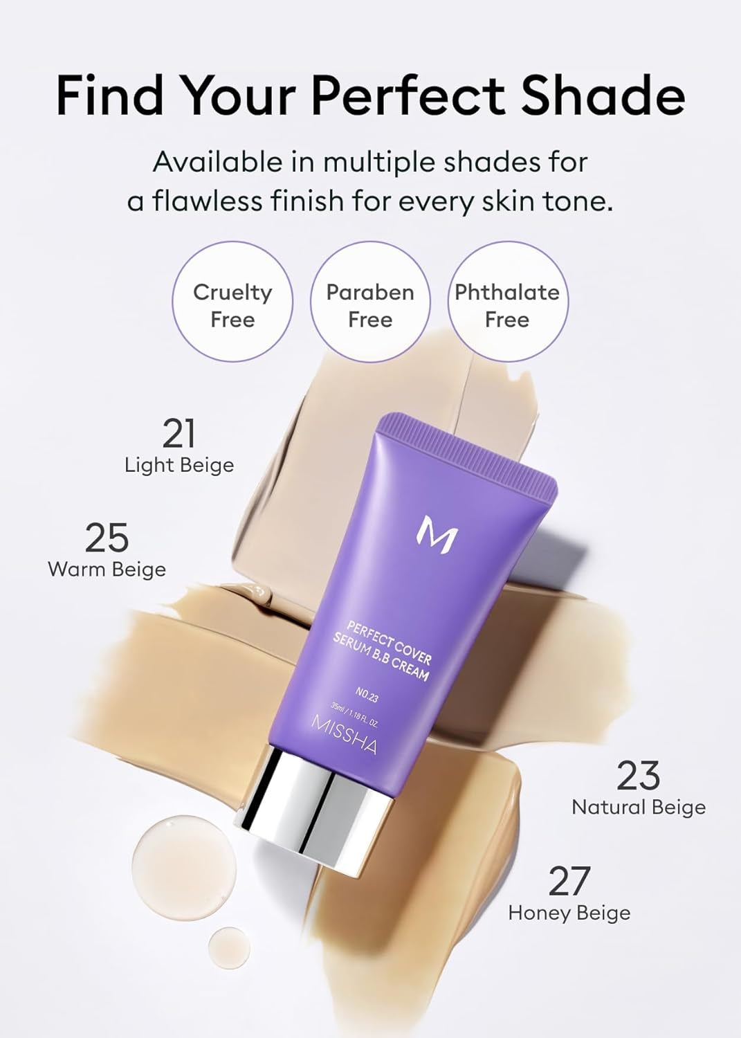 M PERFECT COVER SERUM BB CREAM No.23 Natural Beige, Skin Care Foundation Makeup, Tinted Moisturizer, Superfood Complex, Buildable Coverage, Glass Skin, Paraben Free, 1.18 Fl Oz