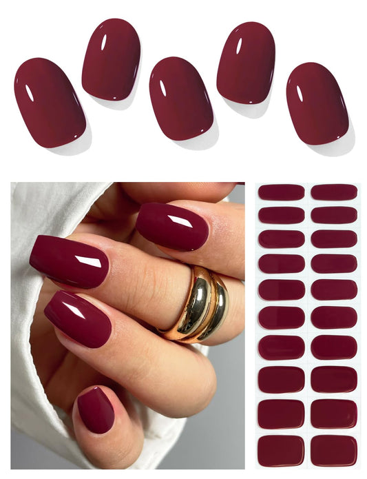 Semi Cured Gel Nail Strips (Burgundy Red), 20 Pcs Gel Nail Wraps, Stickers, UV Light Required, Salon Quality, Long Lasting