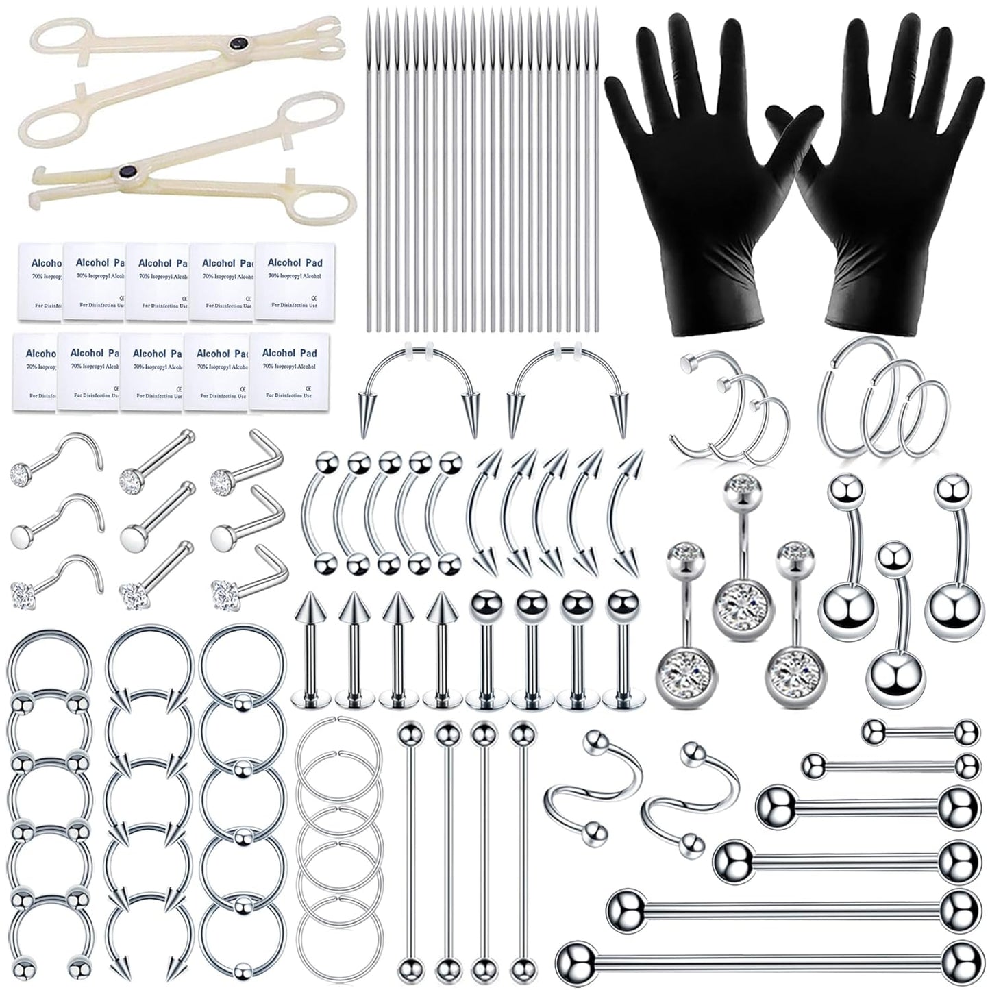 80PCS Nose Piercing Kit for All Body Piercings Stainless Steel Piercing Jewelry with 12G 14G 16G 20G Piercing Needles for Ear Cartilage Tragus Nose Septum Lip Eyebrow