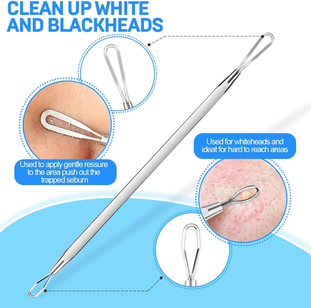 Pimple Extractor Acne Treatment Tool Surgical Grade Blackhead Comedone Removal 2-In-1 Popper Tool for Face Nose Blackhead Extractor Tool Silver