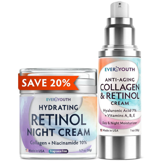 Day & Night Face Moisturizer Bundle with Retinol, Collagen, Hyaluronic Acid & Niacinamide (Save 20%), Moisturizer Face Cream Made in USA, for Face, Neck & Décolleté - 1.7Oz + 1.0Oz (Travel Size)