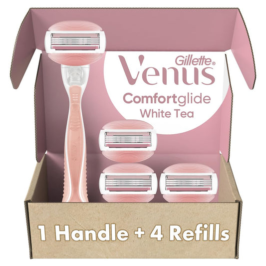 Comfortglide White Tea Women'S Razor, Pivoting Head, Gel Bar, No Shave Cream Required, 3 Bladed for Smooth Shave, 1 Handle + 4 Blade Refills