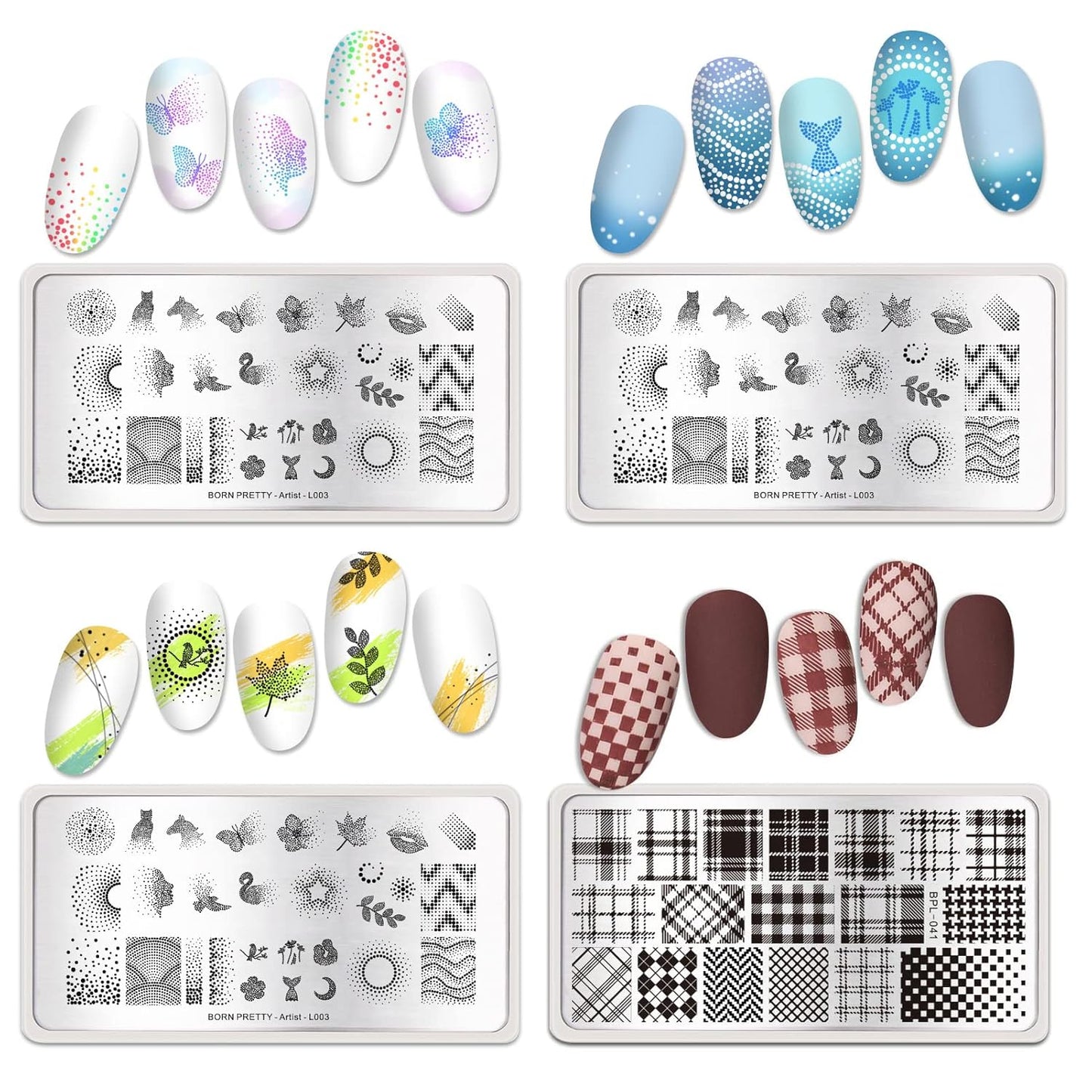 Nail Stamping Plates Set Plaid Flowers Leaves Lace Nail Art Image Plates Spring into Winter Stamp Templates Kit Image Manicuring DIY Printing Tools 8PCS