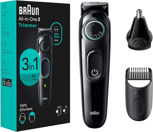 All-In-One Style Kit Series 3 3430, 3-In-1 Trimmer for Men with Beard Trimmer, Ear & Nose Trimmer, Hair Clippers, Ultra-Sharp Blade, 20 Length Settings, Washable