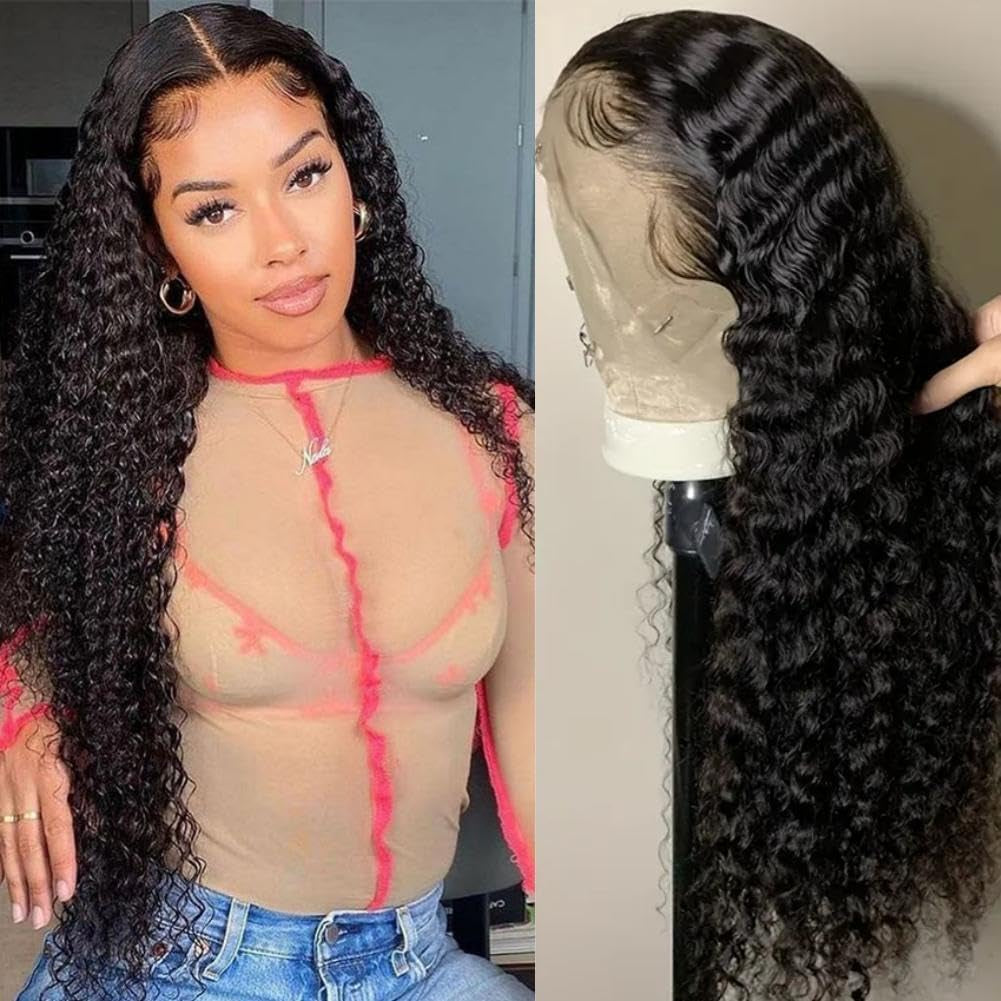 28 Inch Deep Wave Lace Front Wigs Human Hair Pre Plucked 13X4 HD Transparent Lace Frontal Wigs Human Hair 180% Density Deep Curly Glueless Wigs Human Hair for Women