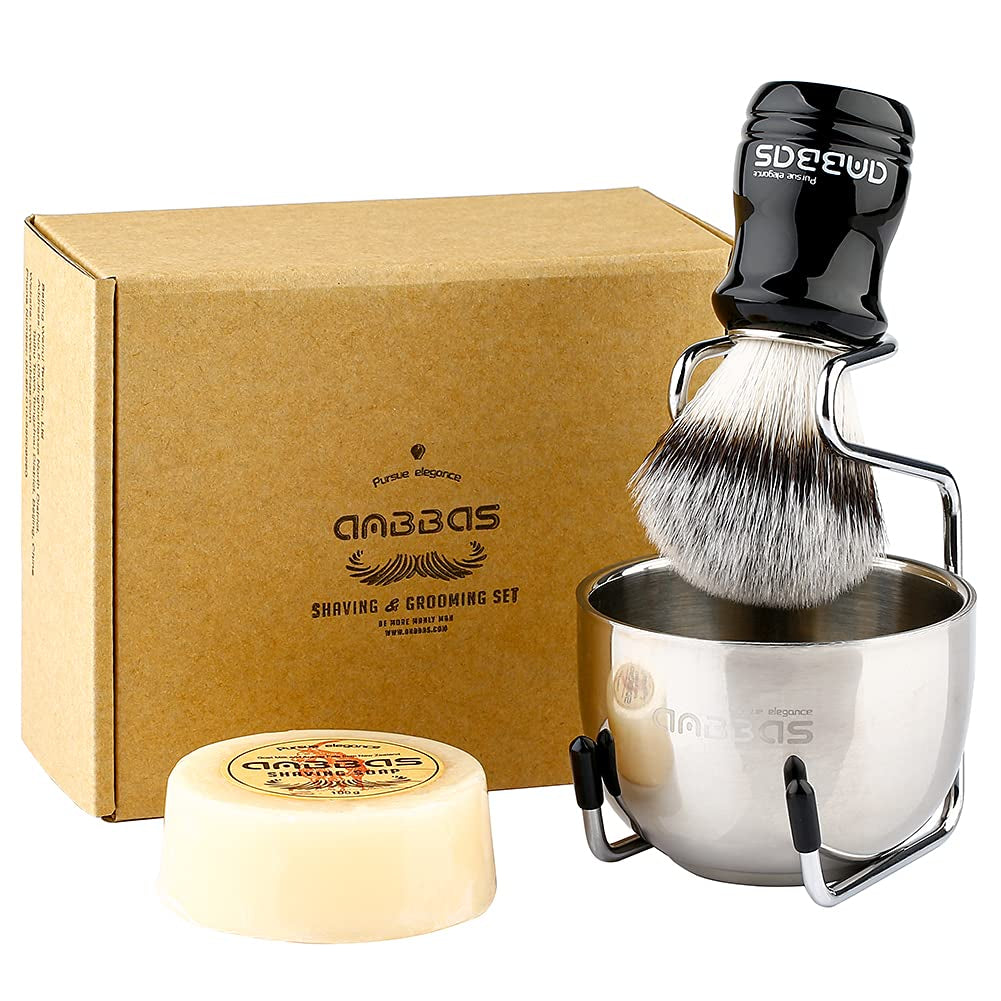 Pure Badger Hair Shaving Brush Solid Wood Handle with Goat Milk Shaving Soap 100G,Stainless Steel Shaving Stand and 2 Layers Shaving Bowl Kit Perfect for Men Gift