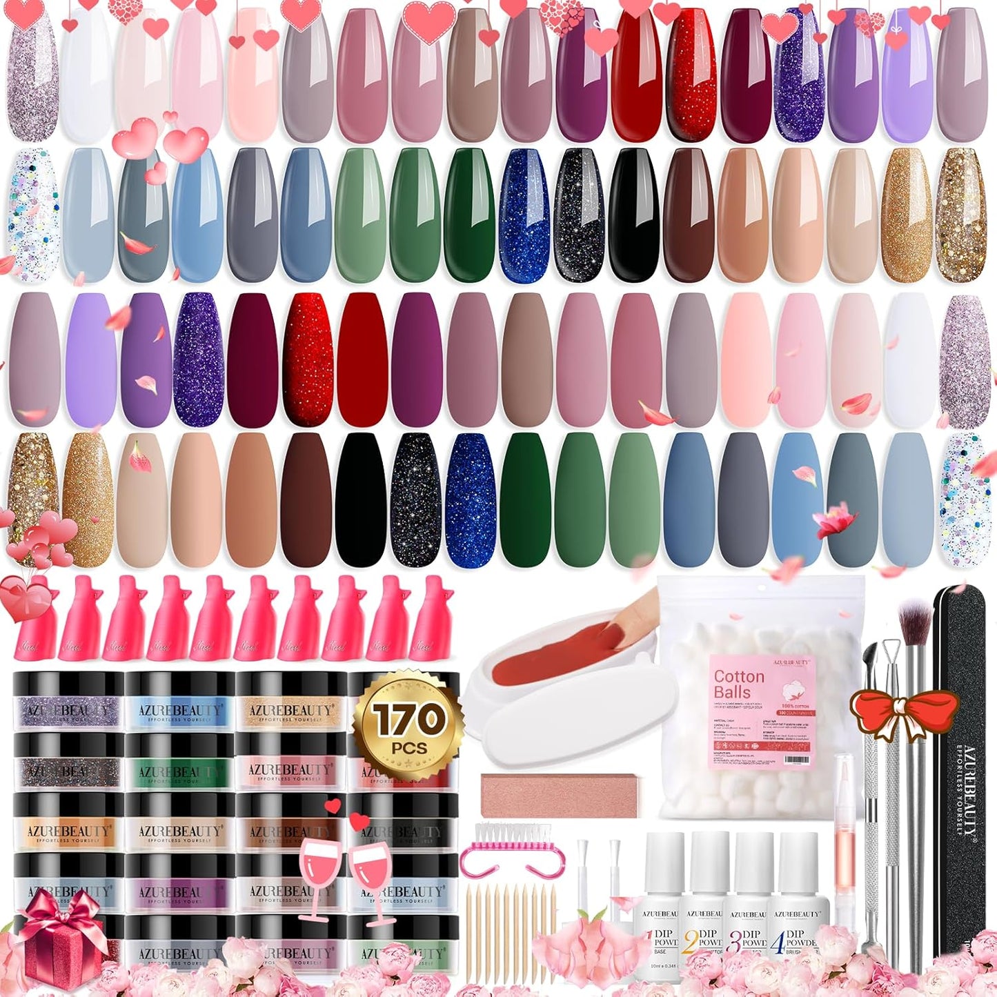 170PCS Dip Nails Powder Nail Kit Purple Green Polarized Pink Shimmery Fall Winter 36 Colors Dipping Powder with Base Top Coat Activator Dip Liquid Set Nail Removal Accessories Starter Set